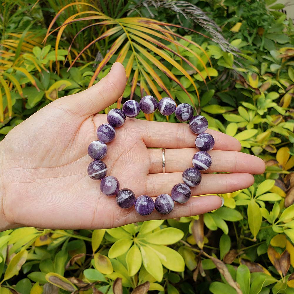 chengmu 12mm Banded Amethyst Stretch Bracelet Natural Round Beads Semi Gemstone for Crystal Elastic Beaded Bracelet 8"