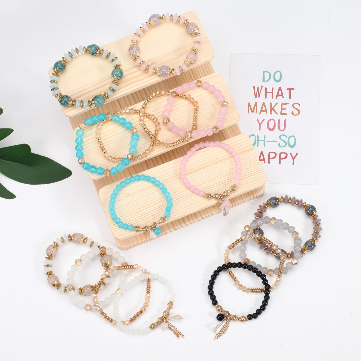 LOTSOF Bohemian Green Jade Stackable Bracelet Set - 4-Layer Stretch Beaded Bracelets with Gold Accents, Boho Jewelry for Women, Fashion Statement Accessory (Gift Ready) (Blue Mix Pink)