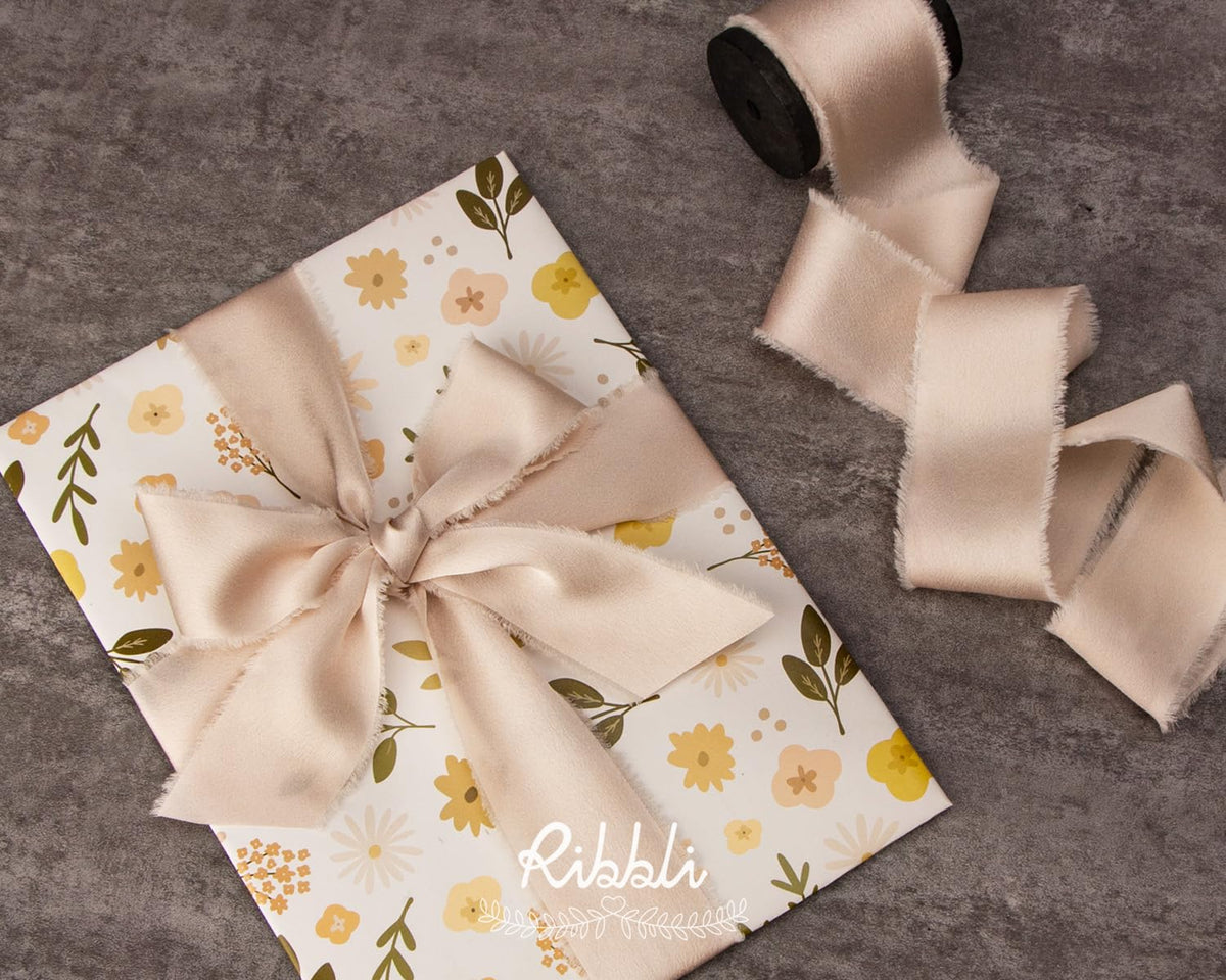 Ribbli Light Champagne Silk Satin Ribbon 1.5 Inch x 12 Yard Handmade Frayed Chiffon Ribbon with Wooden Spool for Gift Wrapping, Wedding Invitations, Bridal Bouquets, Home Decor