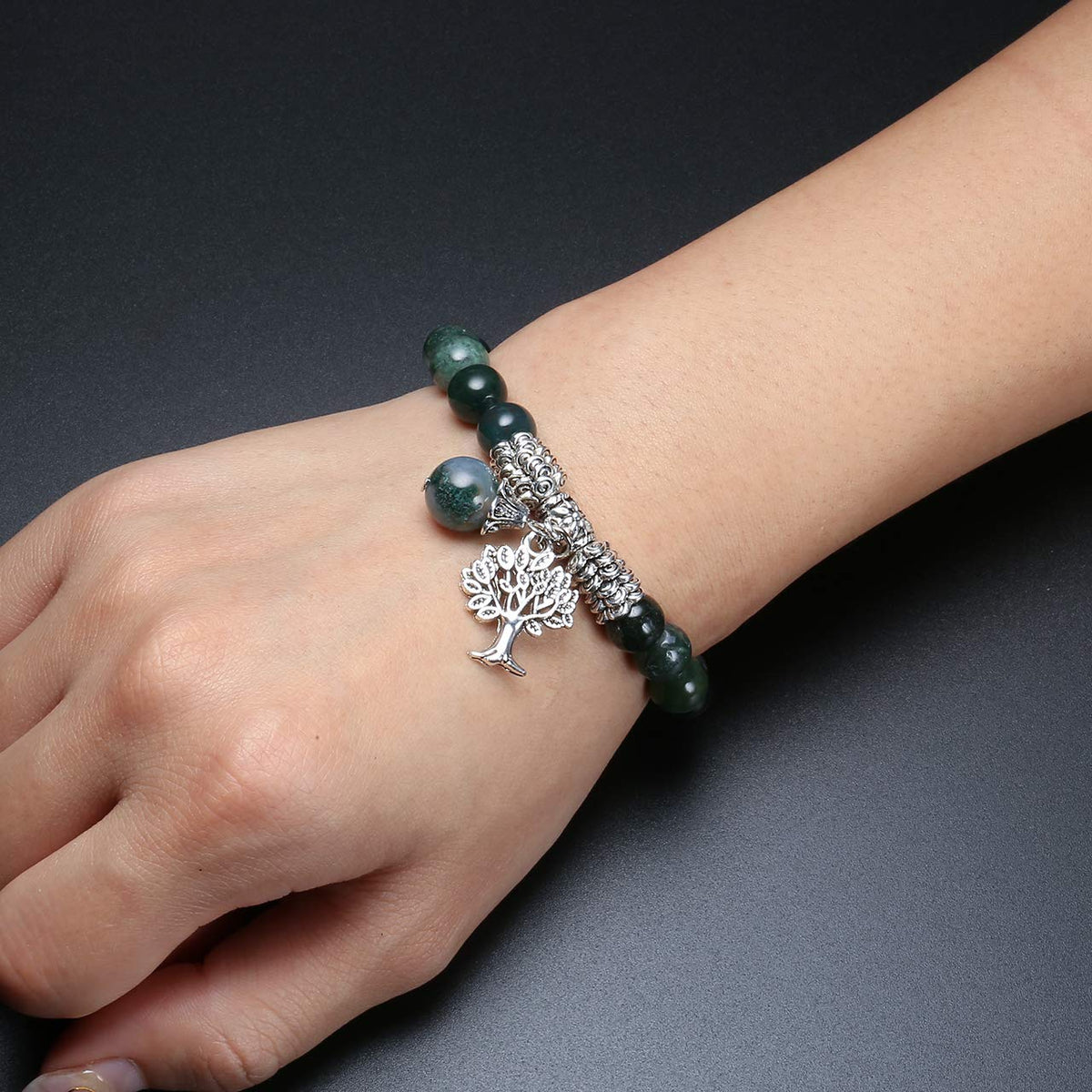 Jovivi 8MM Natural Moss Agate Gemstone Tree Life Lucky Charm Stretch Bracelet