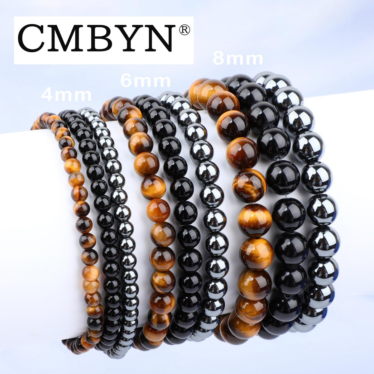 CMBYN 3-Pieces 6mm Natural Crystal Gemstone – ﻿Black Onyx, Hematite, Yellow Tiger's Eye Handmade Reiki Energy Healing Stretch Bracelets Jewelry for Yoga, Meditation, Unisex