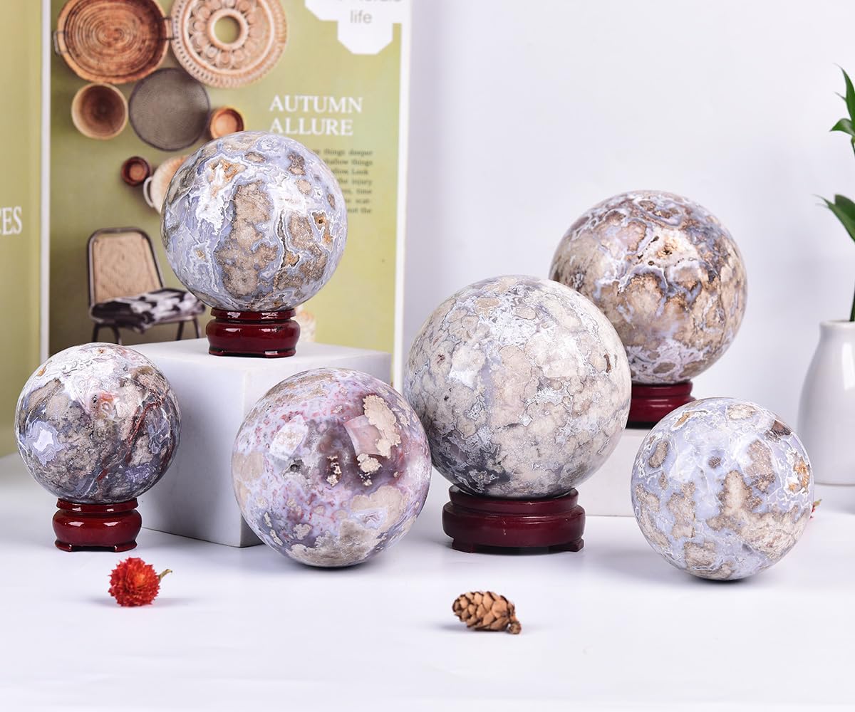 JIC Gem Large Blue Cherry Blossom Agate Crystal Ball with Stand Crystal Sphere Natural Sakura Flower Agate Stone Reiki Healing Meditation Witchcraft Home Decor 2.7-3.1 inch(70-80mm)