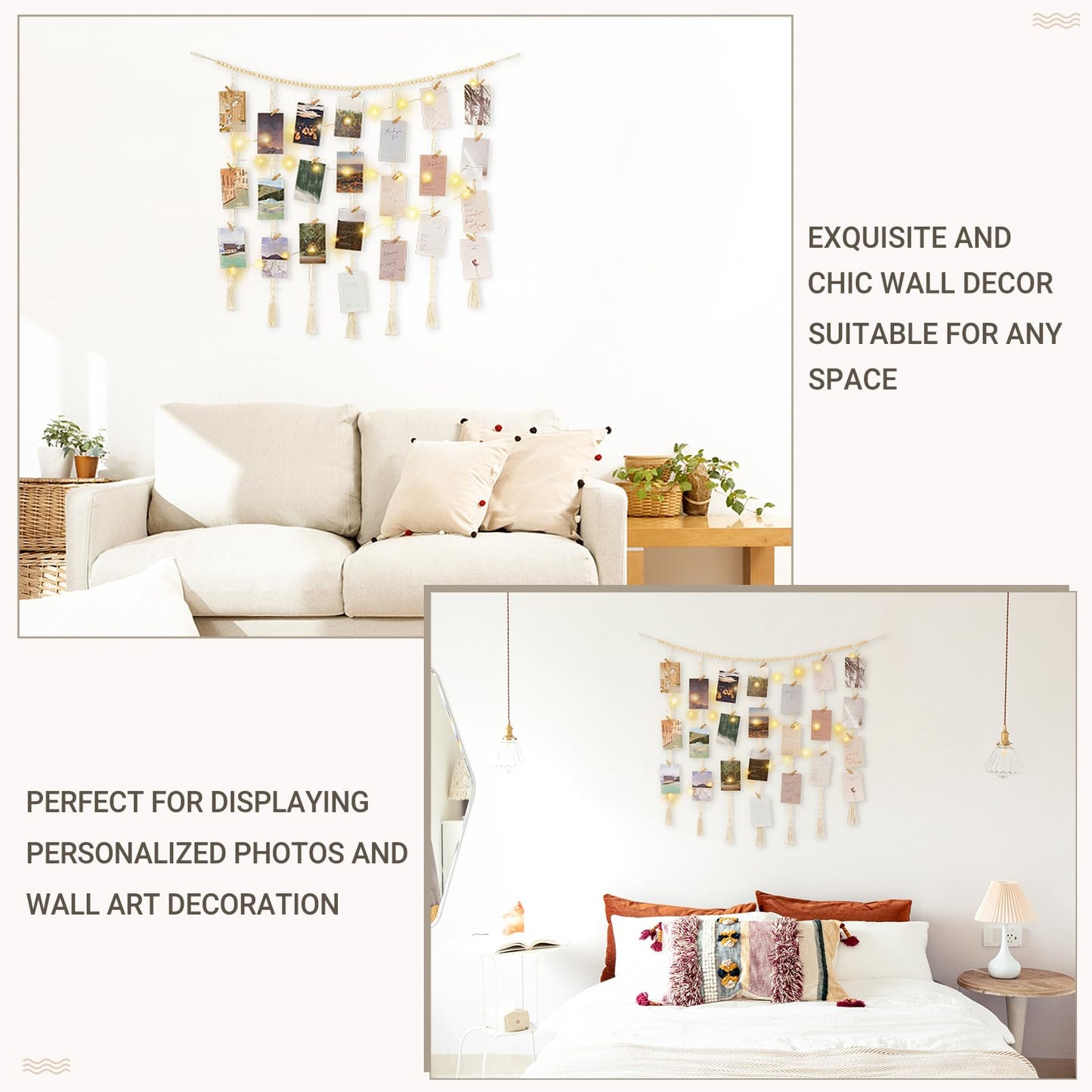 Mkono Macrame Hanging Photo Display Wall Decor with String Lights, Boho Wooden Beads Garland Collage Picture Card Frame Holder with 45 Clips for Bedroom Living Room Dorm, Teen Girls Christmas Gifts