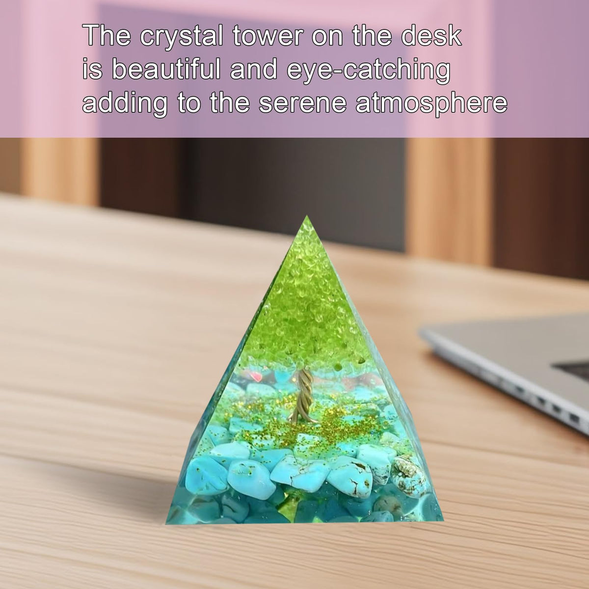 Saefheled Tree of Life Orgone Pyramid,Natural Energy Peridot Turquoise Orgonite Healing Crystal Pyramid,for Reduce Stress,Balance Chakra,Meditation Attract Luck,Accumulate Wealth Health(6cm)