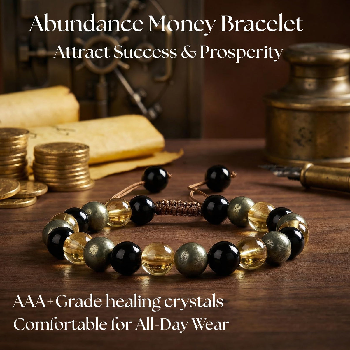 Atminafays Citrine Bracelet for Women & Men | Genuine Crystal Bracelet for Money, Wealth & Success with Pyrite & Obsidian | Adjustable Feng Shui Bracelet