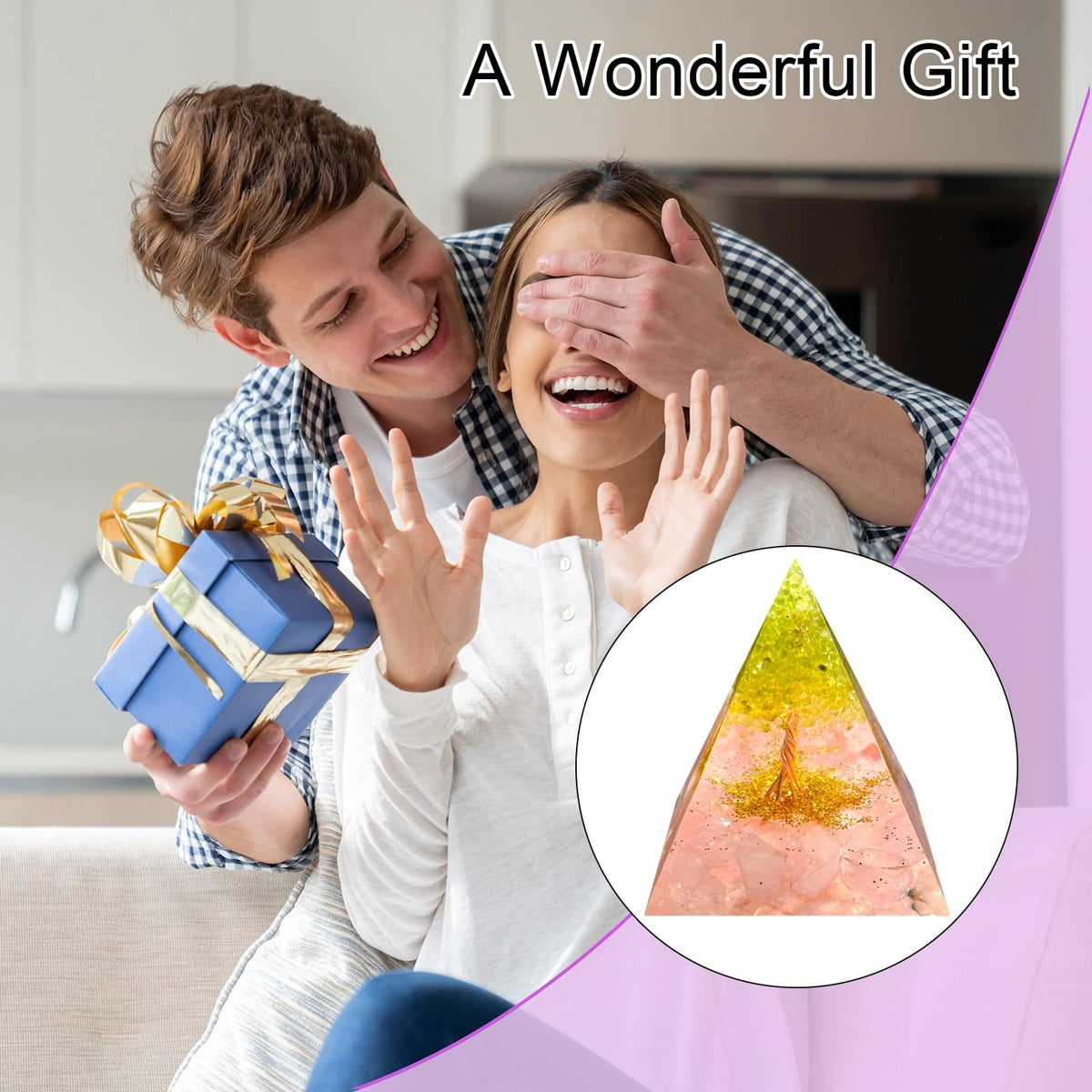 Saefheled Tree of Life Orgone Pyramid,Natural Energy Peridot Pink Crystal Orgonite Healing Crystal Pyramid,for Reduce Stress,Balance Chakra,Meditation Attract Luck,Accumulate Wealth Health(6cm)
