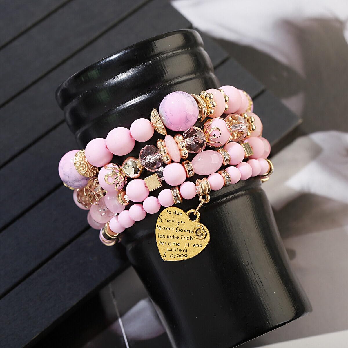 Jewellify Women's Beaded Bracelet Set - Colorful Boho Stackable Design with Crystal Accents - Trendy Fashion Bracelets Jewelry for Women (Pink)