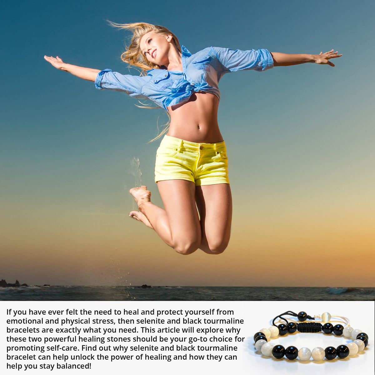 ANAYA AGATE Healing Crystal Bracelet – Chic Gemstone Bracelet for Men and Women – 8mm Round Bead Bracelets for Spiritual Healing, Protection, Positive Energy - Selenite Black Tourmaline