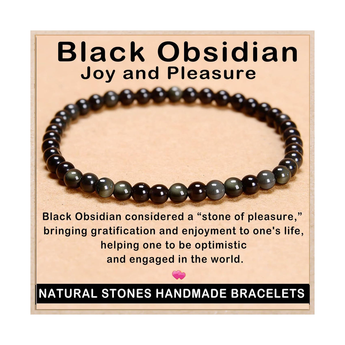 AD Beads Handmade Gemstone Stretch Elastic Bracelet Crystal Healing Reiki Nature's Beauty and Spiritual Essence Unisex (4mm, Black Obsidian (Pleasure))