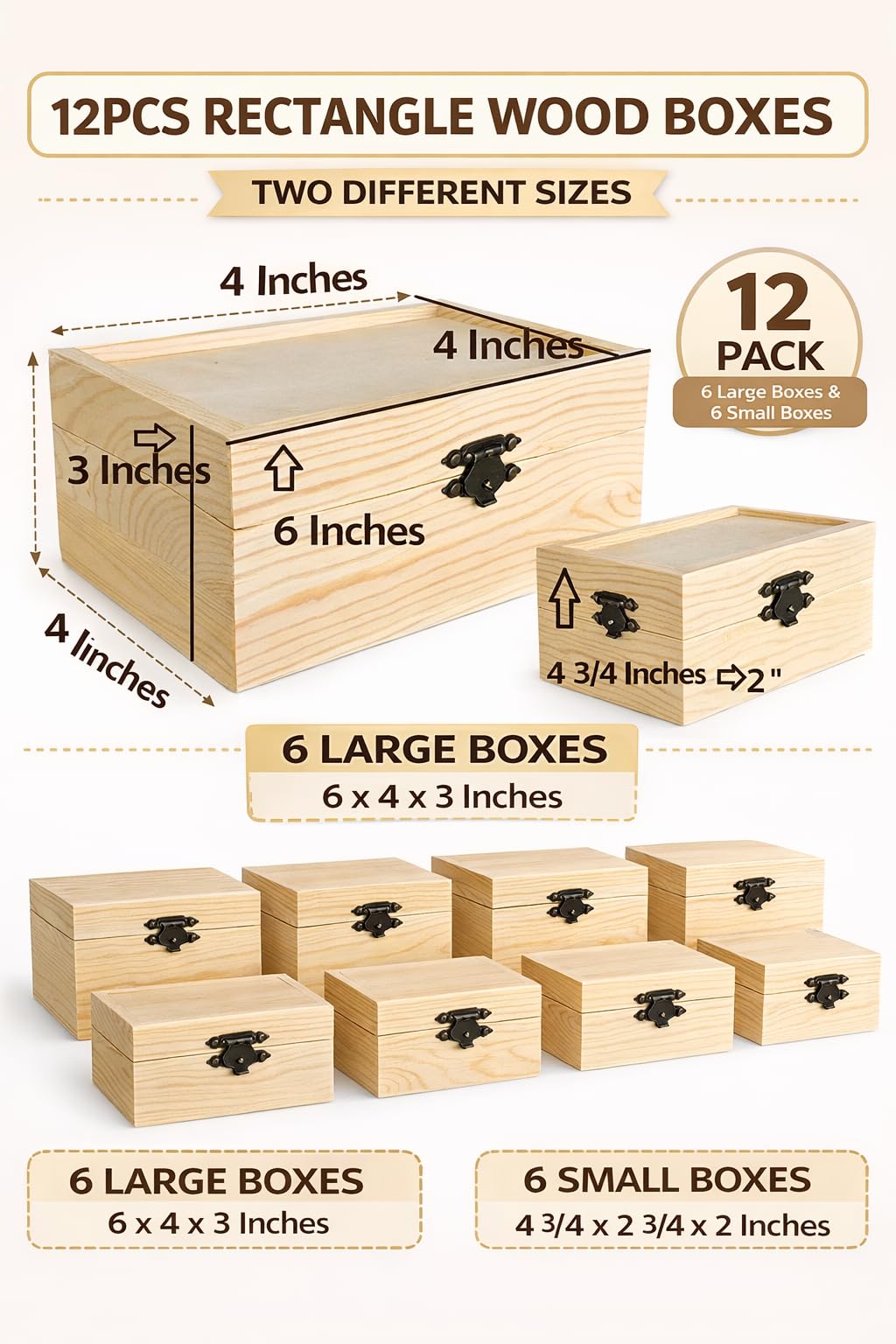Oojami 12 Pc Rectangle Unfinished Wood Box Natural DIY Craft Stash Boxes with Hinged Lid and Front Clasp for Arts Hobbies Comes in 2 Different Sizes