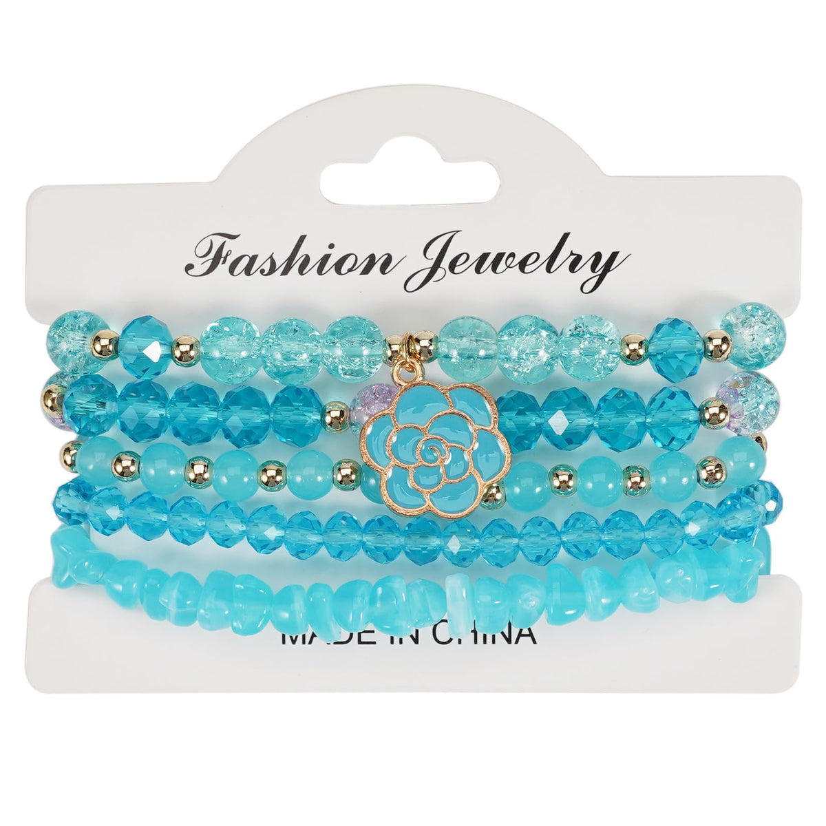 LOTSOF Boho Flower Beaded Bracelet Set for Women - Multilayer Crystal & Flower Charm Stackable Bracelets, Fashion Jewelry Gift for Her (Blue)