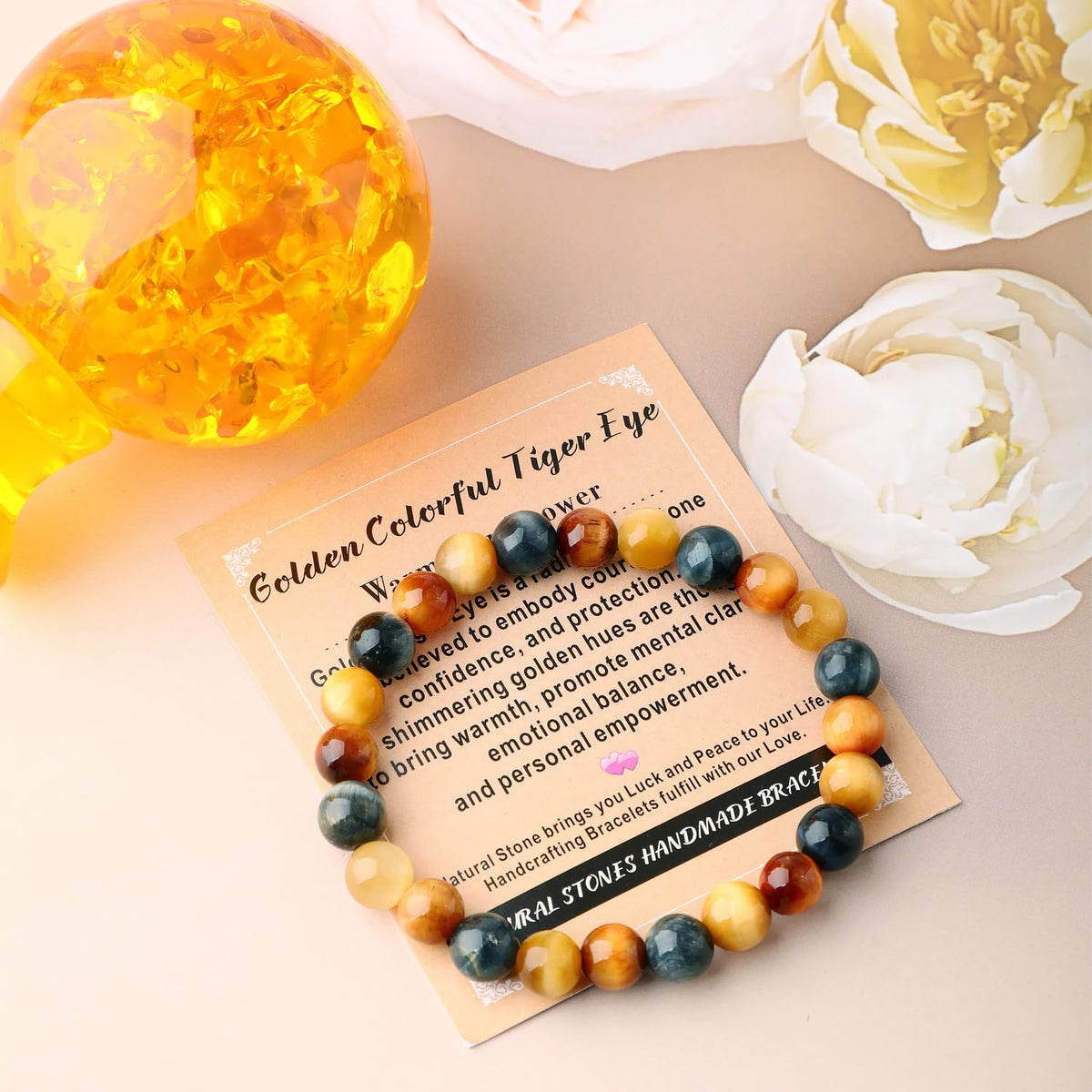 AD Beads 10mm Handmade Golden Colorful Tiger Eye Elastic Bracelet – Natural Gemstone for Warmth and power – Meditation, Yoga, Healing and Energy Gift for Men Women