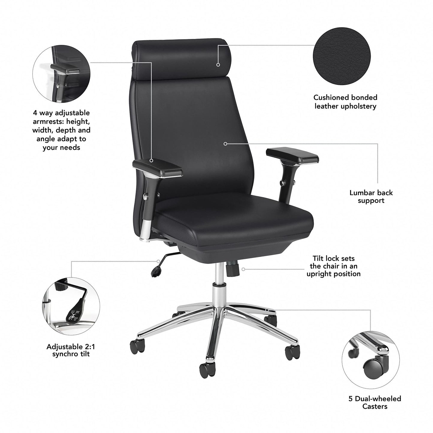 Bush Business Furniture Metropolis High Back Leather Executive Office Chair in Black