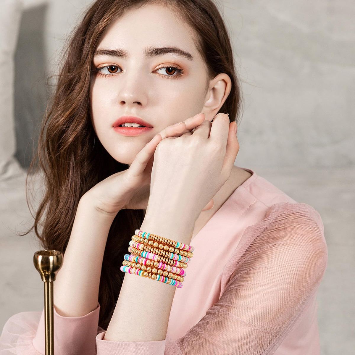 GOOJIDS Surfer Heishi Clay Bead Bracelets for Women Bohemian Stackable Gold Plated Beaded Stretch Bracelets Elastic Layering Friendship Bracelets Set Boho Jewelry (F-Pink Multicolor Set)