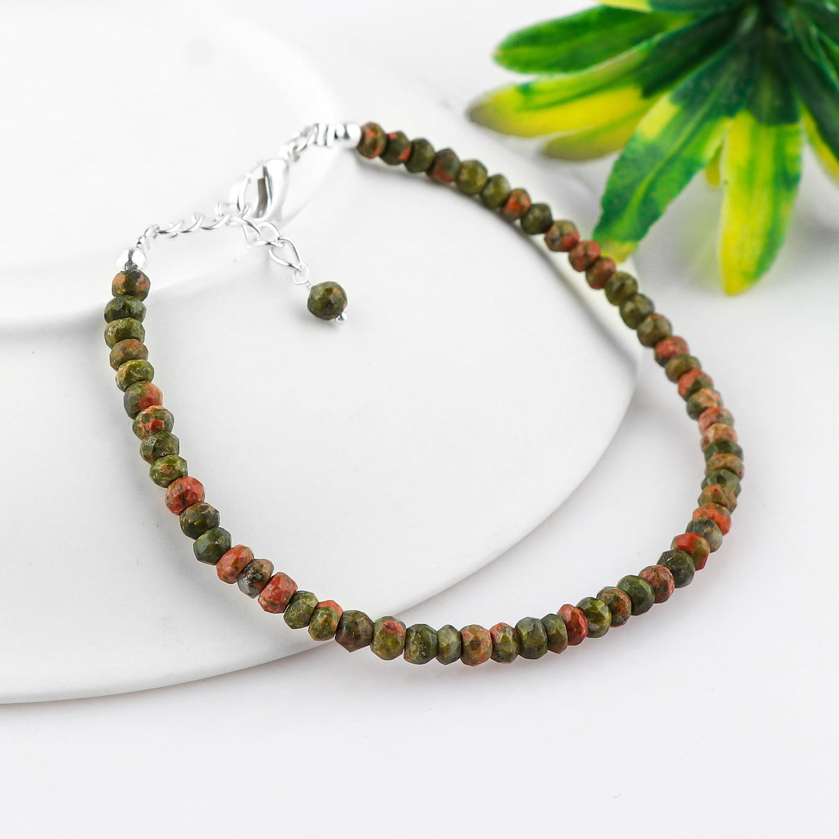 CRYSTALINES Natural Unakite Gemstones Beads Dainty Bracelets, Handmade, Beaded Crystals Jewelry, Women Bracelet, Bohemian, Silver Plated, Adjustable Chain-7+1inch, AAA Grade