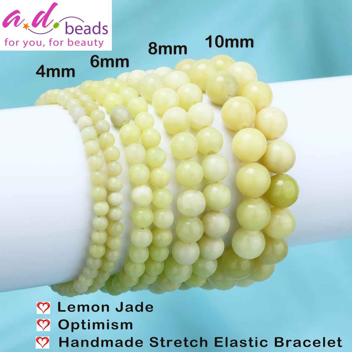 AD Beads 4mm Handmade Lemon Jade Elastic Bracelet – Natural Gemstone for optimism – Meditation, Yoga, Healing and Energy Gift for Men Women