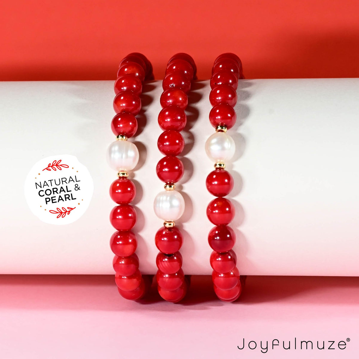 Joyfulmuze Natural Red Orange Coral and White Freshwater Pearl, Stretch Stacking Bracelets, Costal Summer Jewelry, Handmade Gift for Women and Men, Fit 6.5-7 inch Wrist (Coral-Pearl)