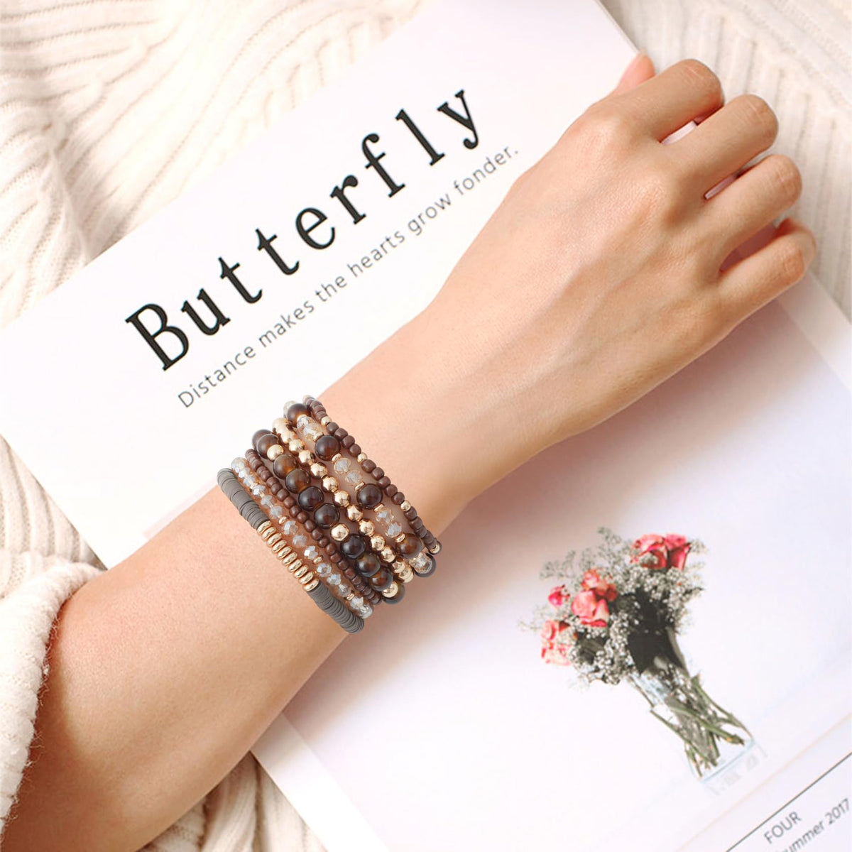 GOOJIDS Brown Surfer Heishi Clay Bead Bracelets for Women Bohemian Stackable Gold Plated Beaded Stretch Bracelets Elastic Layering Friendship Bracelets Set Boho Jewelry