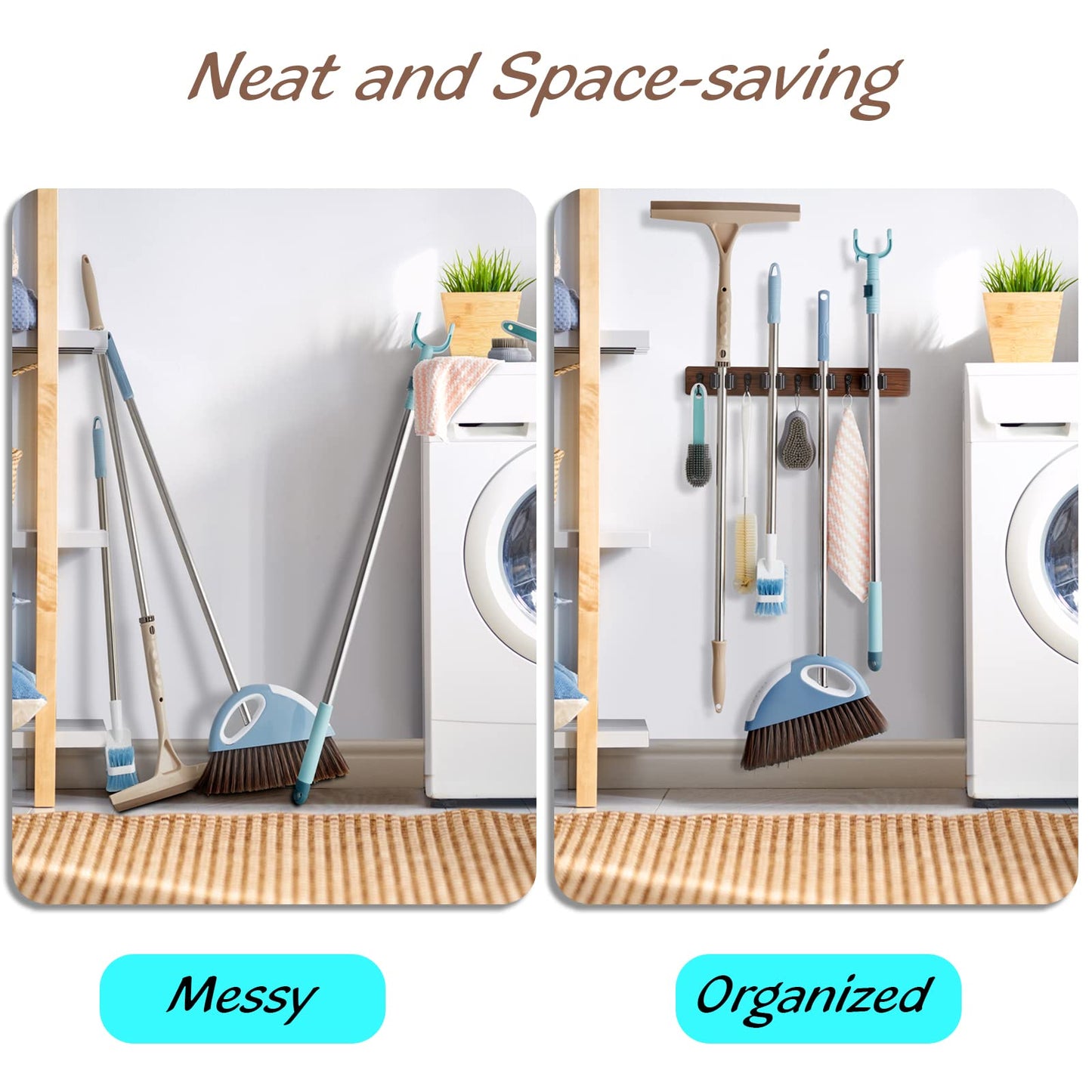 OUTNILI Mop and Broom Holder Wall Mount - Wood Broom Mop Hanger - Wall Mounted Garden Tool Rack Organizer for Closet Garage Laundry Room, Rustic Kitchen Decor With 4 Slots & 4 Hooks