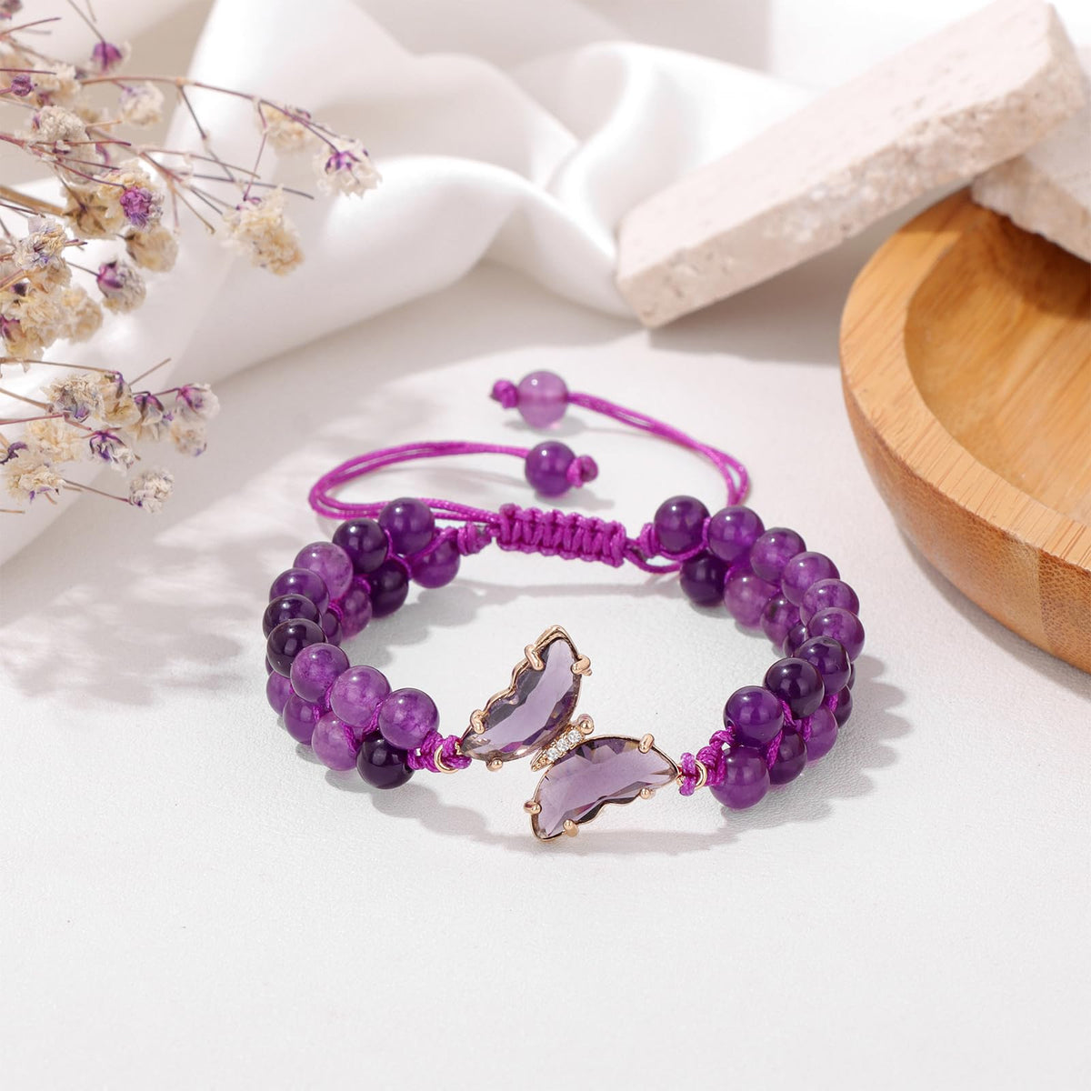 GolbalJew Natural Amethyst Bracelet for Women Healing Crystal Stone Bracelets Adjustable Braided Butterfly Charms Purple Gemstone Beads Bracelet Jewelry Women Gift