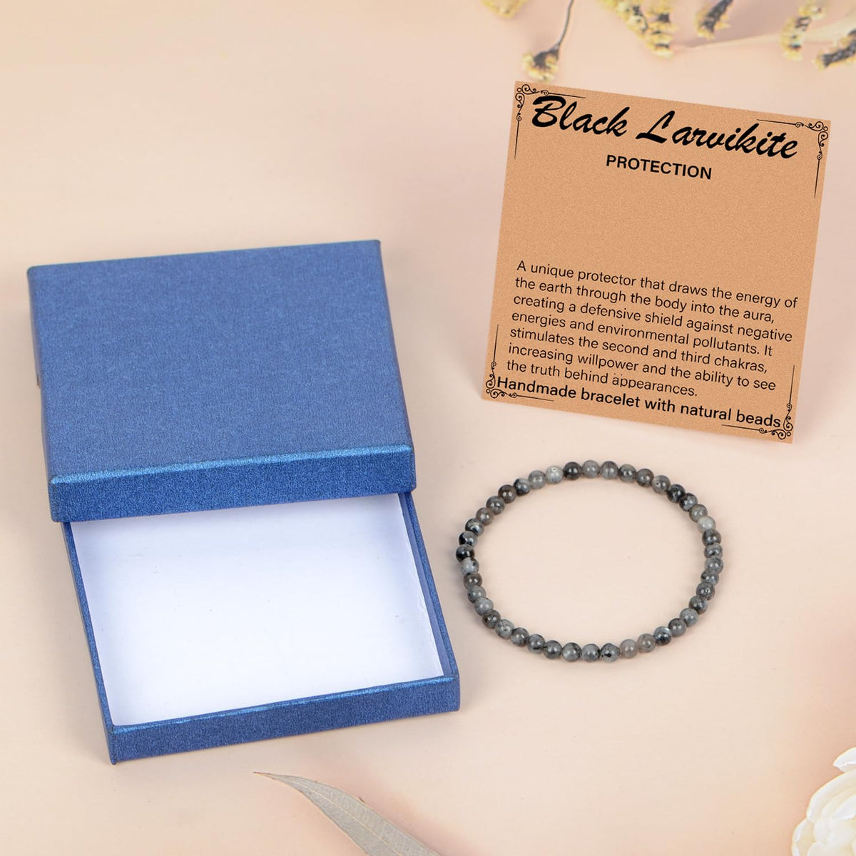 LPBeads Handmade Natural Gemstone Stretch Elastic 4mm Black Larvikite Bracelet Healing Crystal Round Stone Beads Jewelry Gifts for Women Men