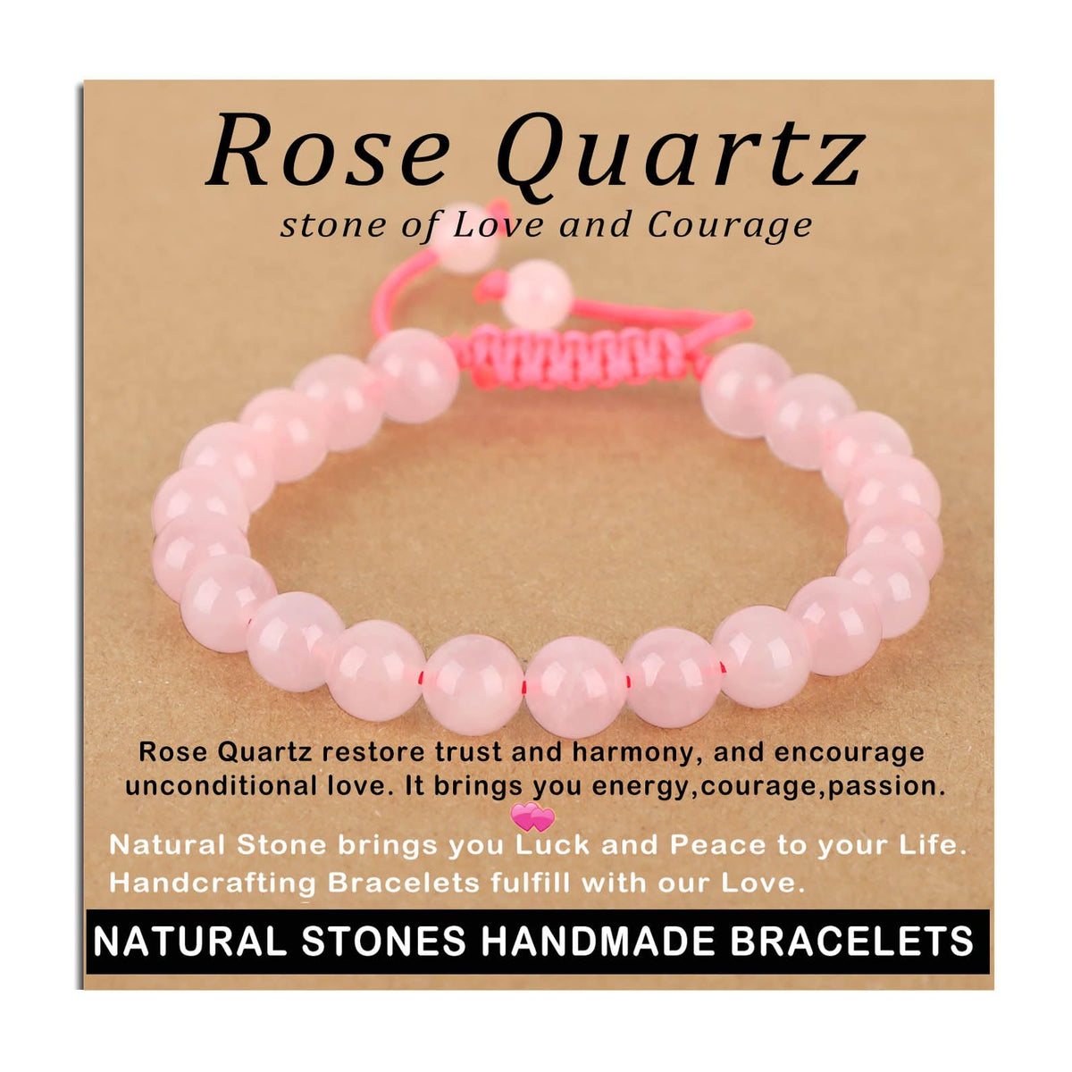 AD Beads 8mm Rose Quartz Bracelet - Stone of stone of Love and Courage - Handmade Natural Stone Crystal Bracelet with Adjustable Macrame String - Yoga Healing Power Energy Gifts for Men and Women