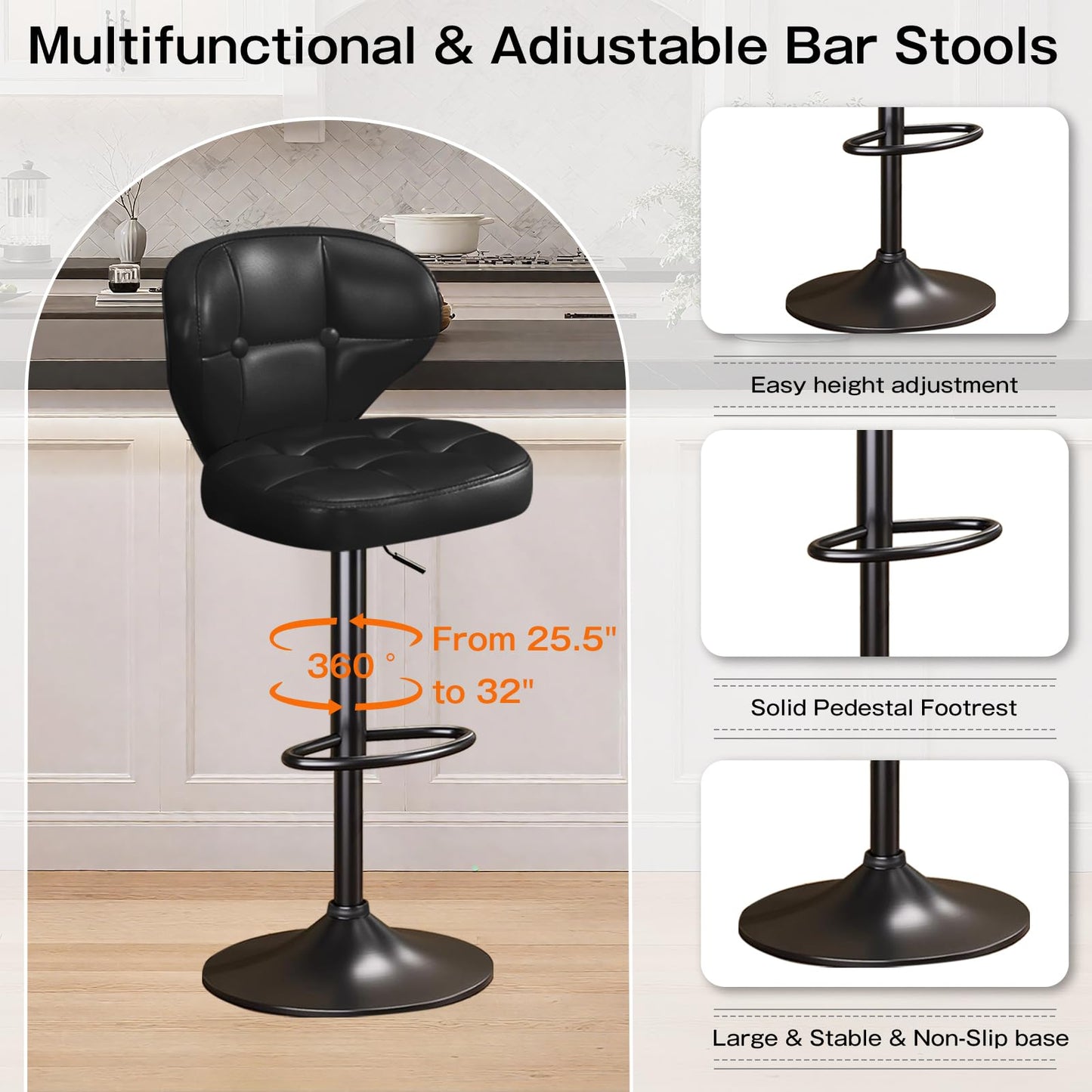 Walktory Bar Stools Set of 6, Adjustable Swivel Bar Stools with Back, Counter Height Bar Chairs with Footrest, PU Leather Padded Seat, Metal Base, Kitchen Island Dining Room Black