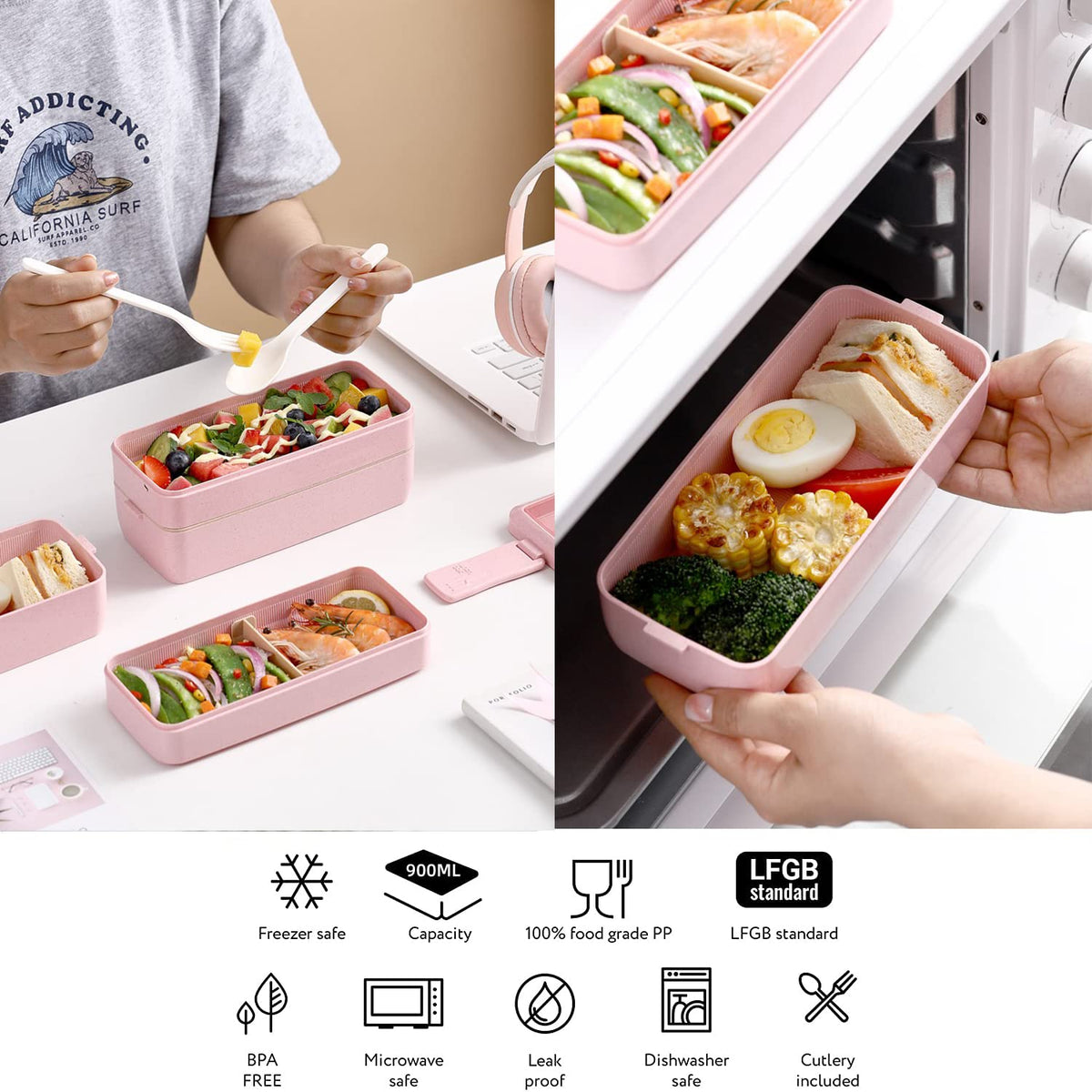 Rarapop 2 Pack Stackable Bento Box Japanese Lunch Box Kit with Spoon & Fork, 3-In-1 Compartment Wheat Straw Meal Prep Containers for Kids & Adults (Pink/Beige)