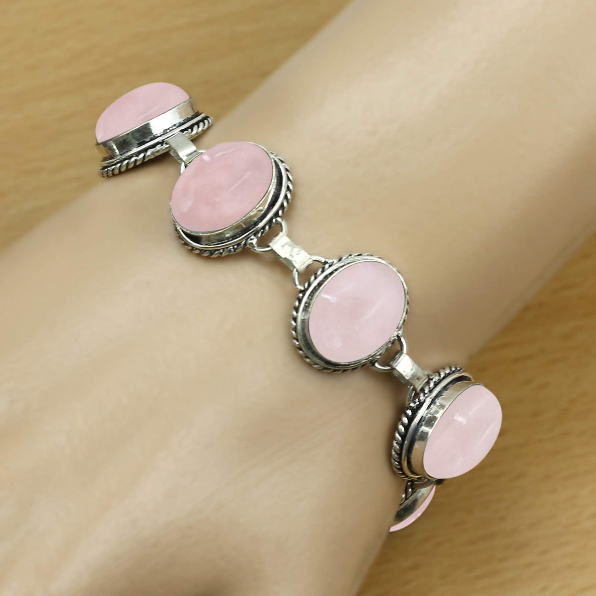 Natural Rose Quartz Silver Plated Handmade Link Bracelet for Women - Pink Color Oval Shape Gemstones January Birthstone Statement Adjustable Bracelet - Valentine Day Gifts for Her