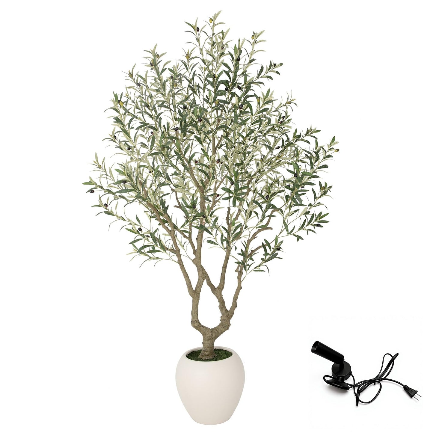 Bellacat 7ft Faux Olive Tree with Warm White Spotlight & 15''D x 13.5''H Large White Planter, 84in Fake Olive Tree with Lifelike Leaves& Fruits, Artificial Olive Tree Indoor for Home & Office Decor