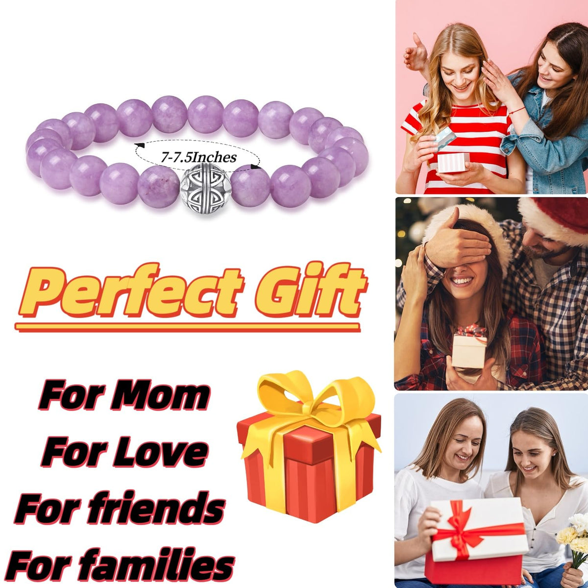 MetJakt Healing Crystals Beaded Bracelets for Womens Natural Gemstone 8mm Beads Stretch Bracelets with 925 Sterling Silver Double Happiness Pendant (Purple chalcedony)