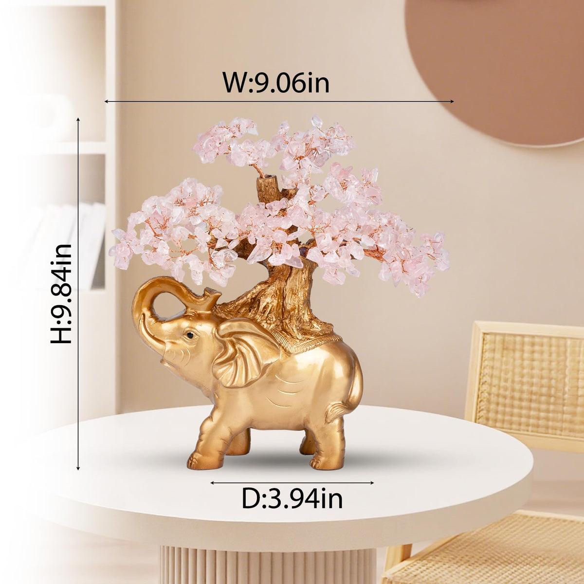 GEMBOURY Rose Quartz Crystal Money Tree on Gold Mini Elephant Statue, 10”Gemstone Bonsai Tree of Life Home Décor Gifts for Wealth Positive Energy, Feng Shui Décor