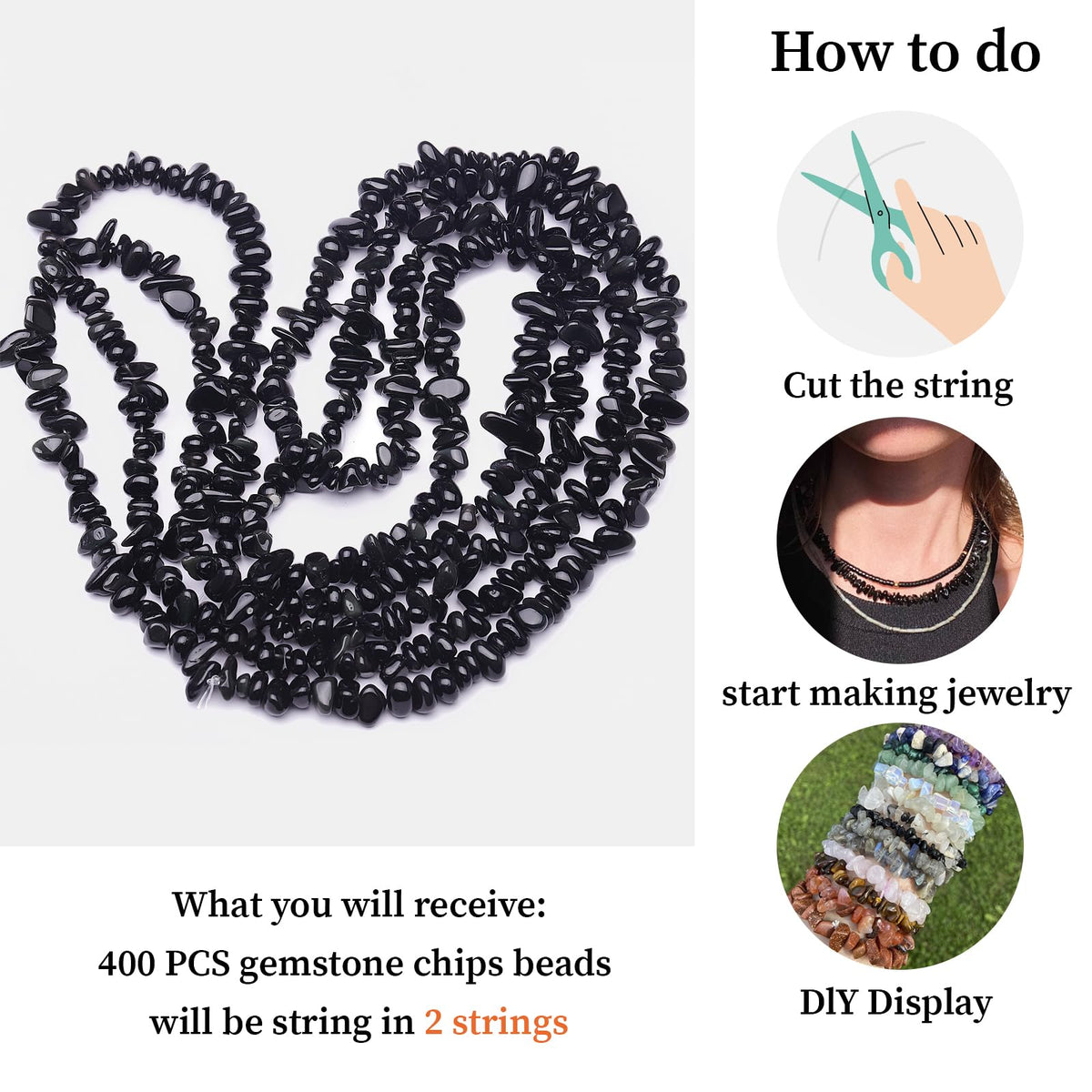400pcs Natural Chip Stone Beads for Jewelry Making Obsidian 5-8mm Irregular Gemstones Healing Crystal Loose Rocks Bead Hole Drilled for Ring Earrings Necklace Bracelet Making DIY Art Crafts