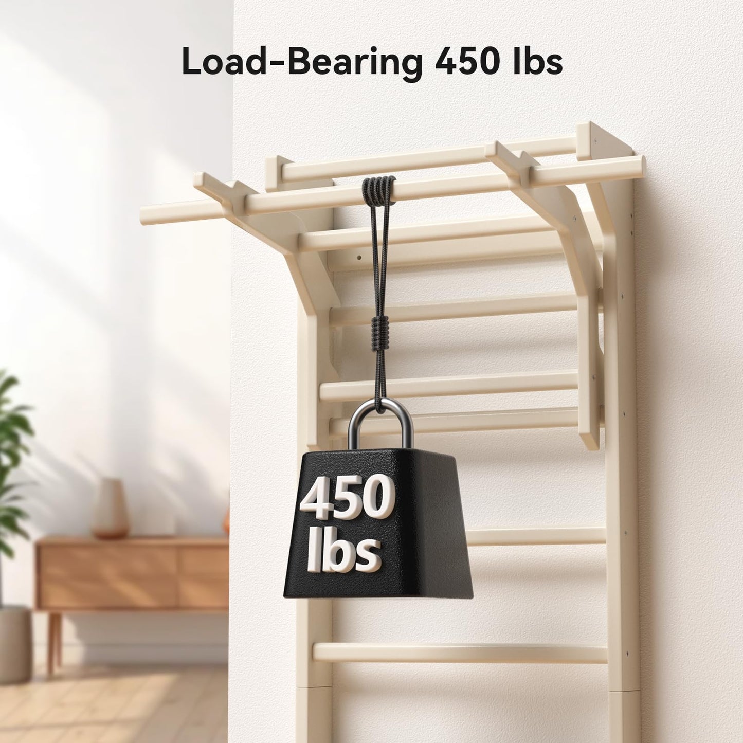 Swedish Ladder Wall Gym & Pull Up Bar Gymnastics Bar – Ultimate Wall Bars for Exercise with Adjustable Dip Bar Attachment, Wood Stall Bars for Home, Calisthenics, Physical Therapy and Kids Training (Burlywood)