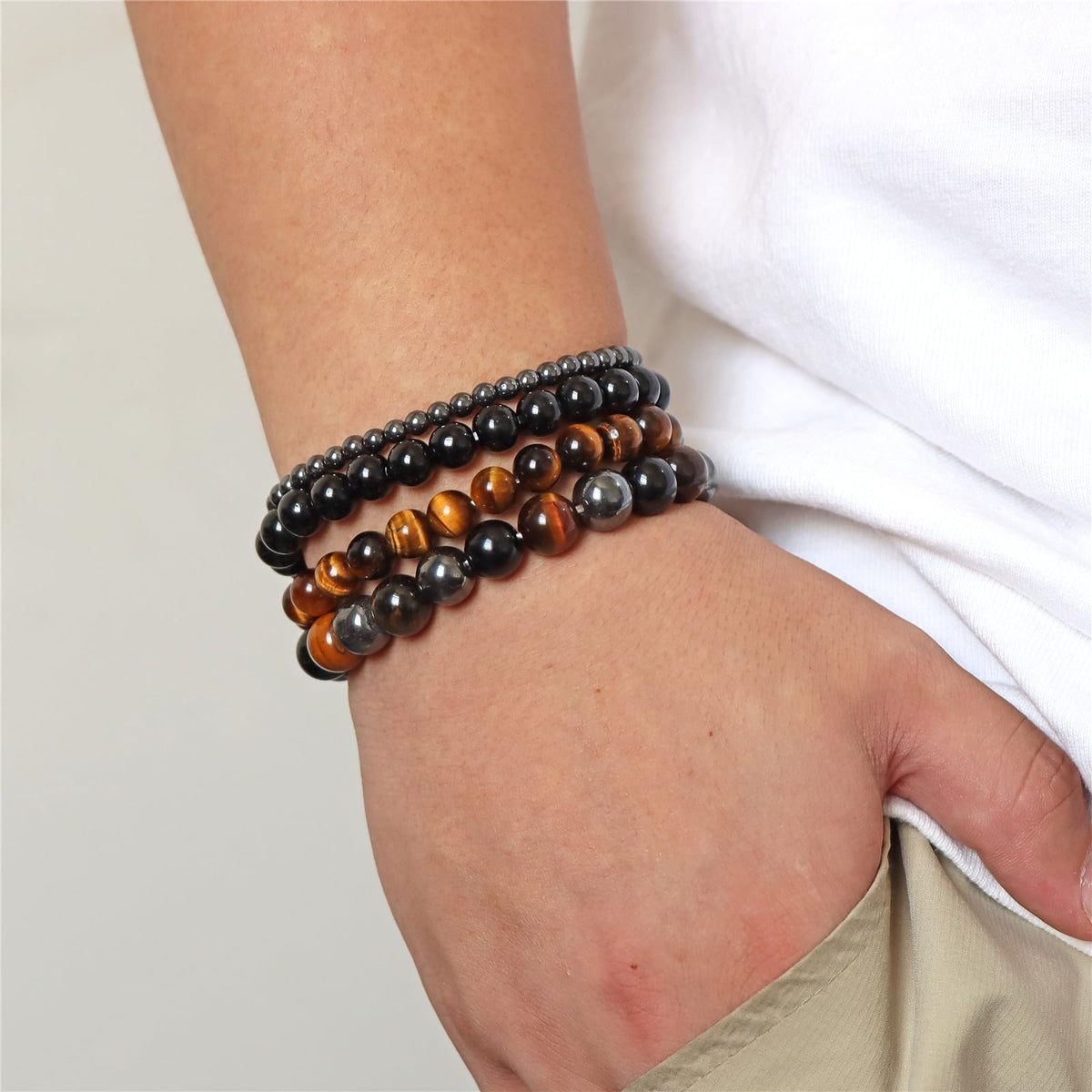 Vinswet 4pcs Natural Stone Beaded Bracelets for Women Men,Genuine Tigers Eye Black Obsidian and Hematite Bracelet,Handmade Triple Protection Bracelet Bring Luck and Prosperity and Happiness