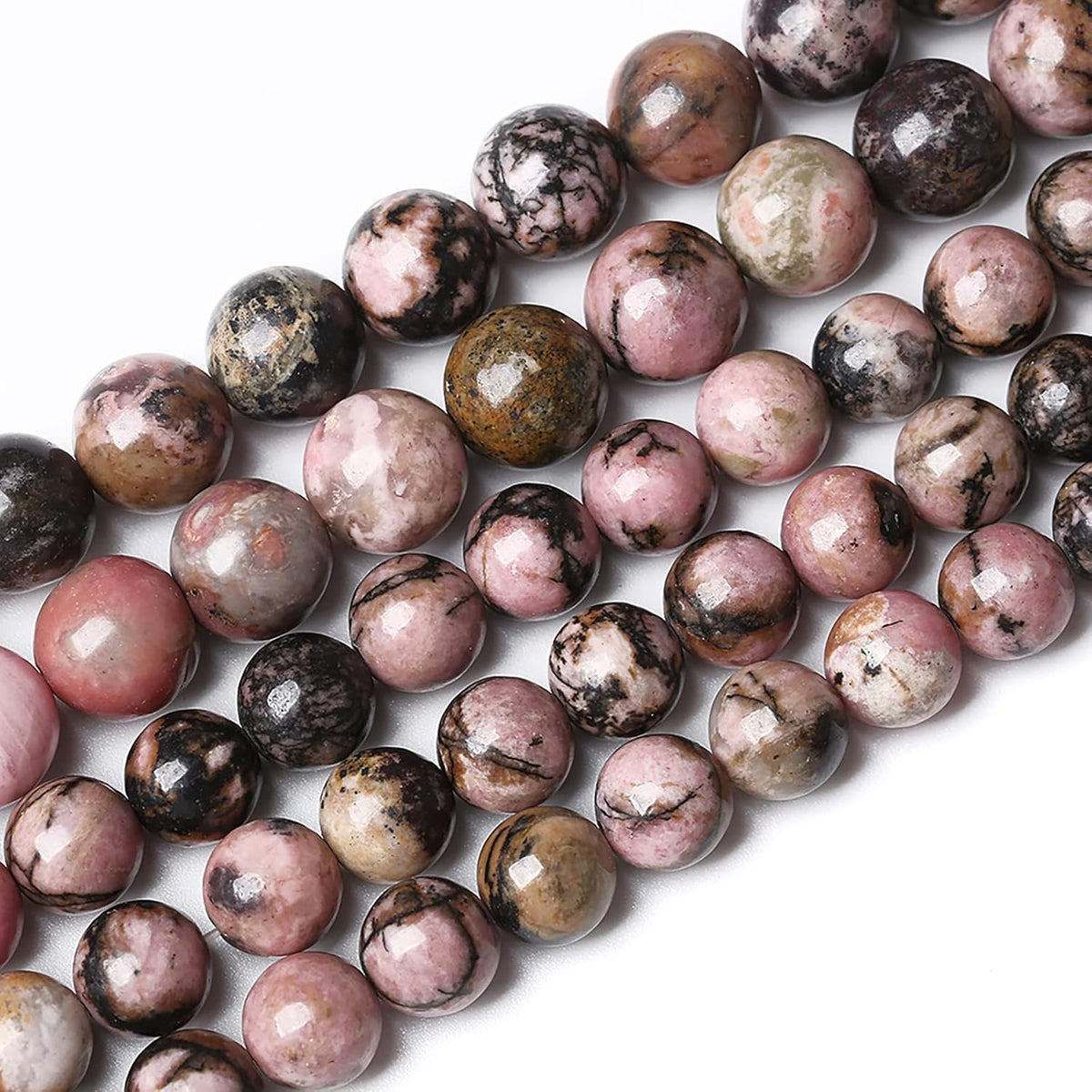 90PCS 8mm Natural Black Lace Rhodonite Beads Healing Power Stones Round Loose Gemstone Beads for Jewelry Making DIY Bracelet Necklace 32" 2 Strands