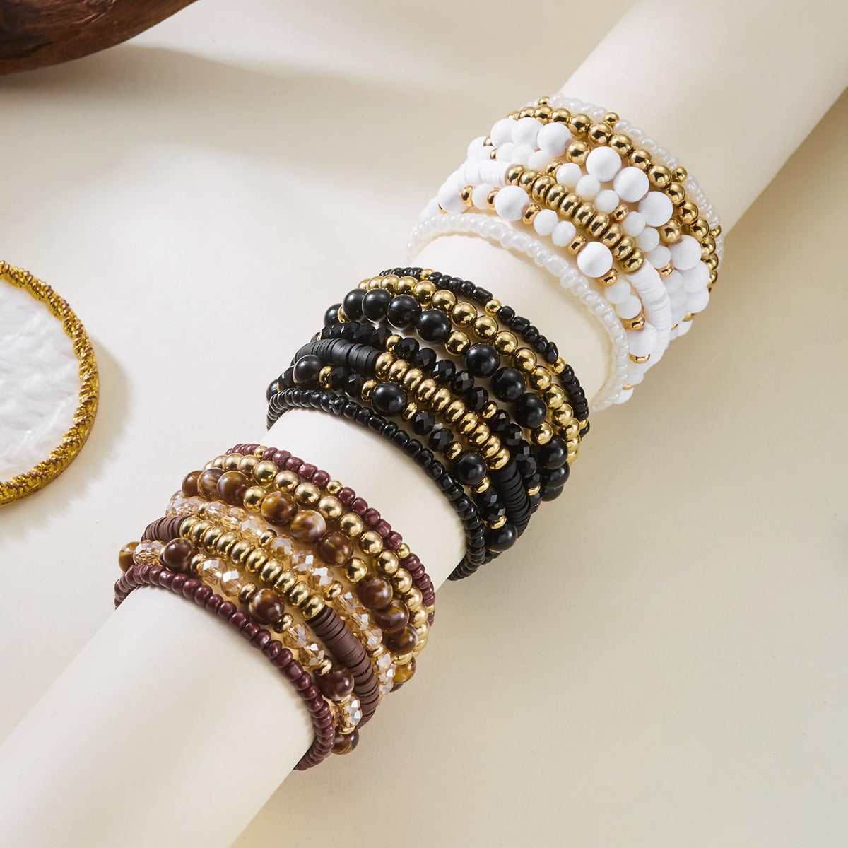 LOTSOF Boho Multilayer Beaded Bracelets Set for Women - Vintage Gold & Brown Stackable Stretch Bracelets, Bohemian Handmade Jewelry for Daily Style & Gifting (Black)
