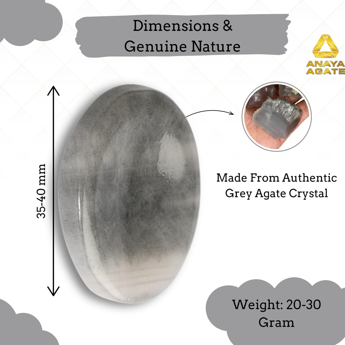 Anaya Agate Gray Agate Worry Stones Certified Crystal Thumb Worry Stone for Anguish, Relaxing and Soothing Balance Stones for Meditation, Stress Relief Crystals and Healing Stones for Men, Women