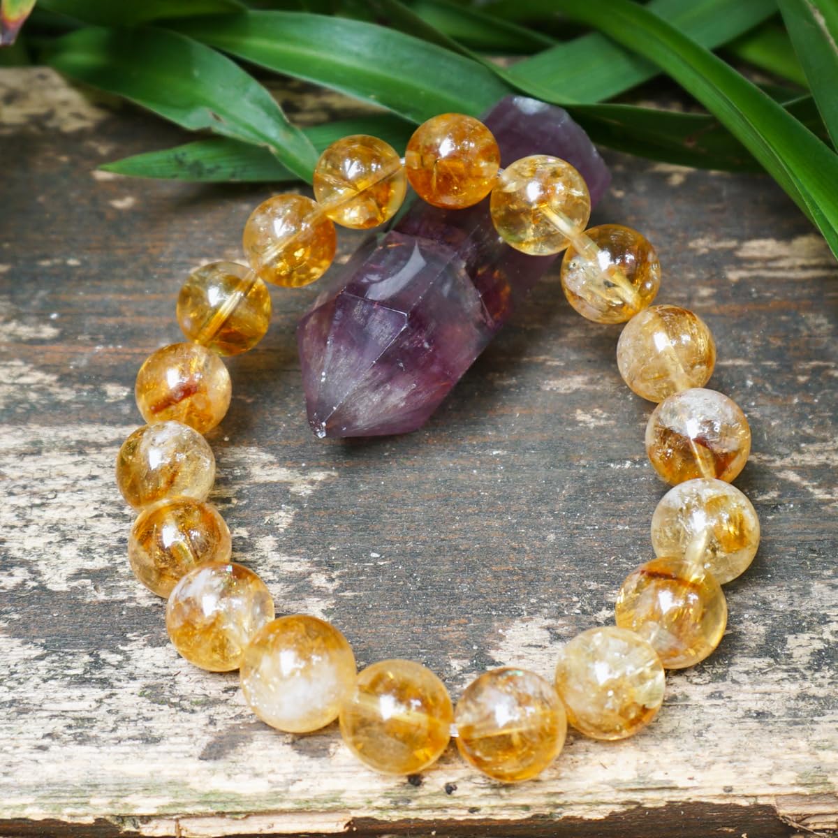 12MM Citrine Bracelet for Women Men, Natural Yellow Sacral & Solar Plexus Chakra Crystal and Gemstones | Stretch Jewelry Gift for Bringing Wealth Success Motivation | Fits for 7.5-8" Large Wrist