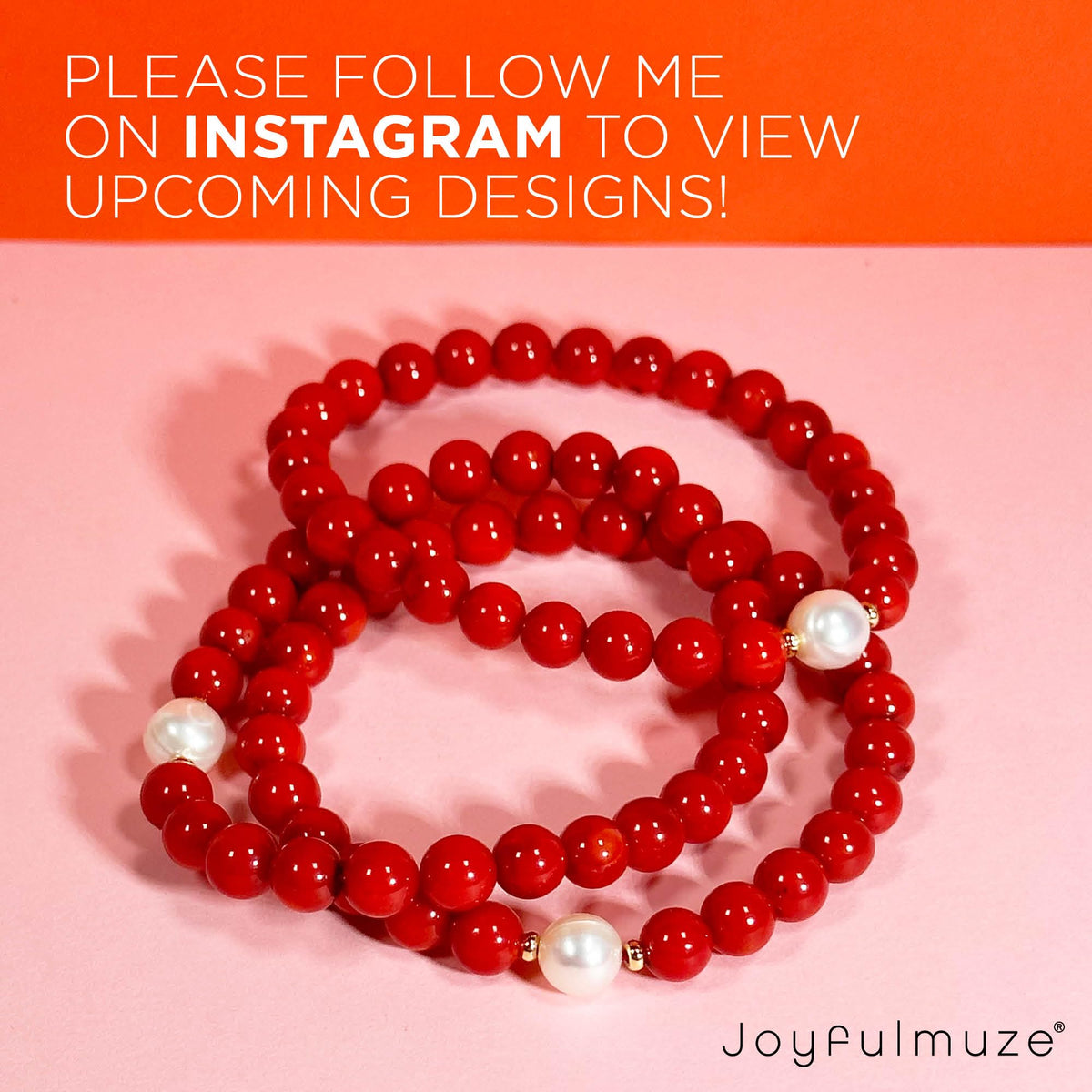 Joyfulmuze Natural Red Orange Coral and White Freshwater Pearl, Stretch Stacking Bracelets, Costal Summer Jewelry, Handmade Gift for Women and Men, Fit 6.5-7 inch Wrist (Coral-Pearl)