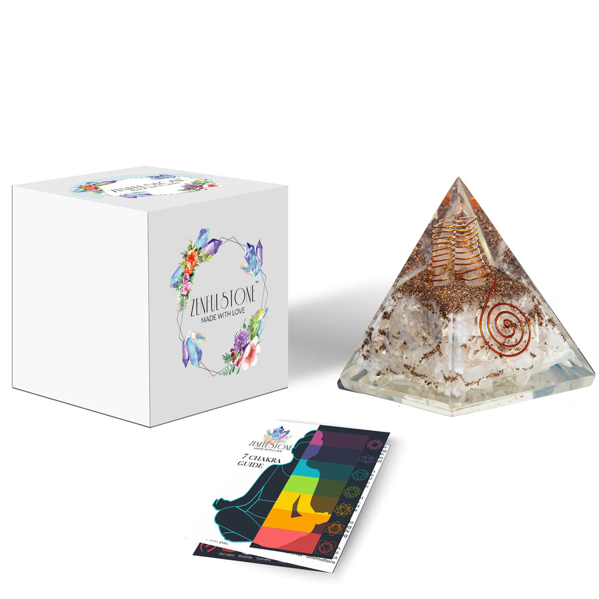 Selenite Orgonite Pyramid for Clarity, Emotional Healing, Spiritual Connection | Orgonite orgone pyramids with Copper Coil and Crystal Quartz for Chakra Protection (Selenite)