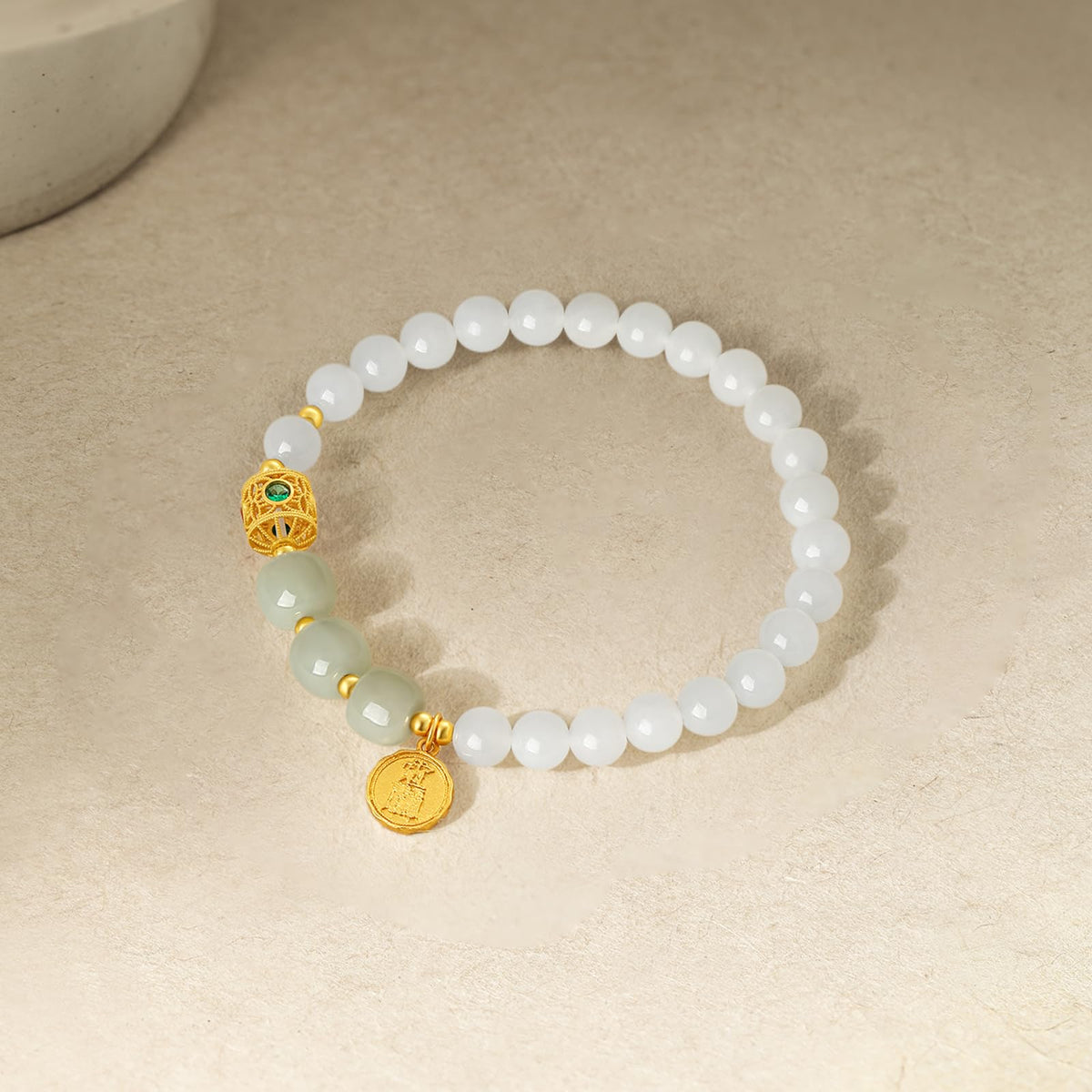 ZHOU LIU FU Sterling Silver Bracelets White Jasper Bracelet Bead Bracelet Green Jasper Round Fortune Charm Bracelet Stretch Bracelet for Women Mom Lover Birthday Aniversary 6.7inch/17cm