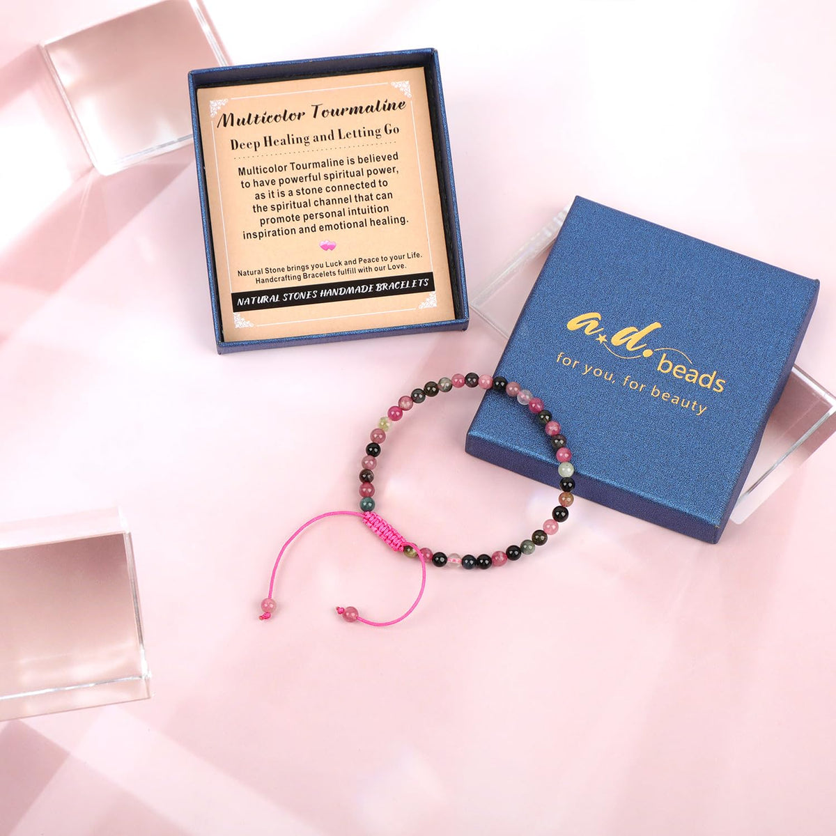 AD Beads 4mm Multicolor Tourmaline Bracelet - Deep healing - Handmade Natural Stone Crystal Bracelet with Adjustable Macrame String - Yoga Healing Power Energy Gifts for Men and Women