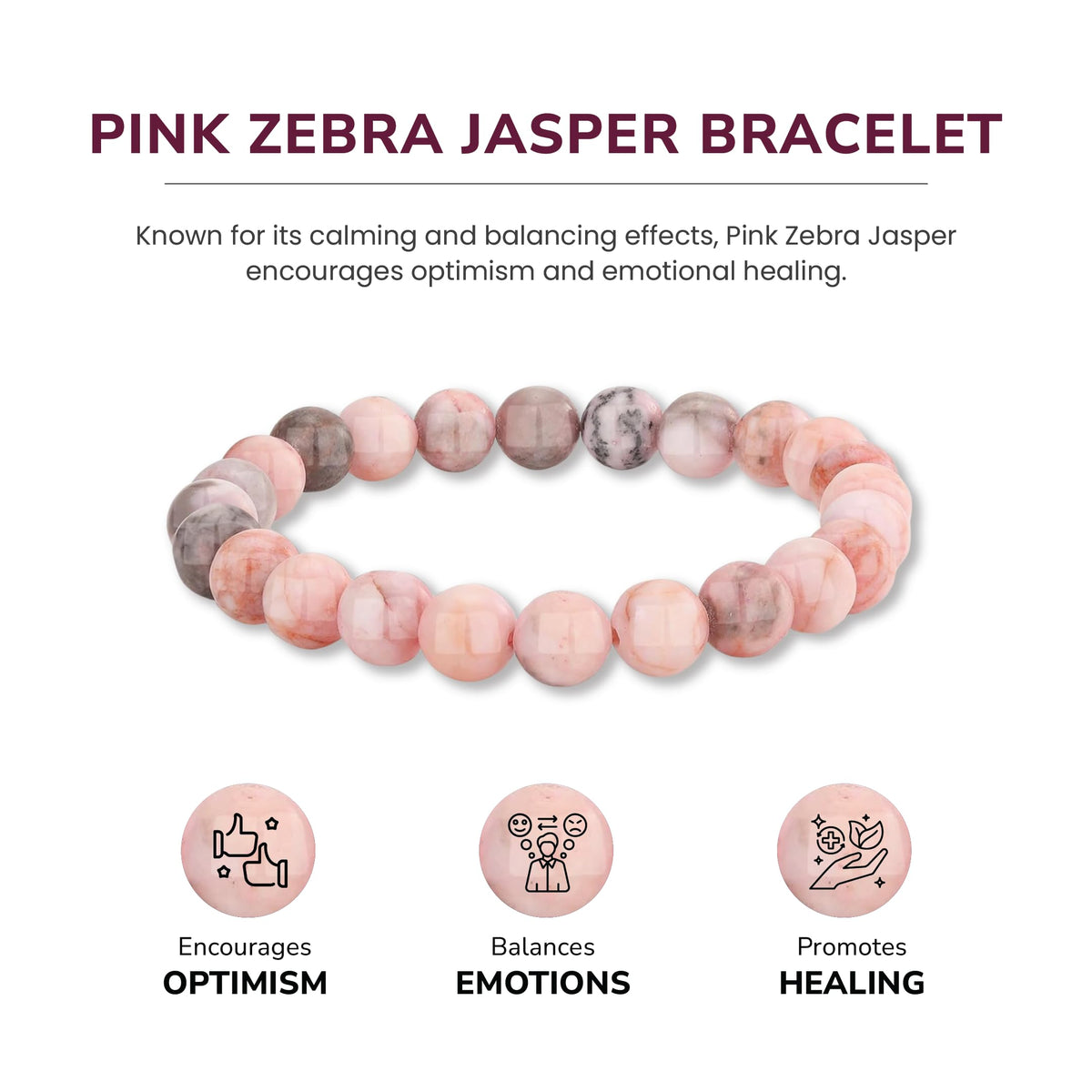 Crystal Vibe Pink Zebra Jasper Bracelet for Balance and Harmony - 8mm Beaded Bracelet for Women Men - Healing Crystal Bracelet - Elastic Adjustable Size
