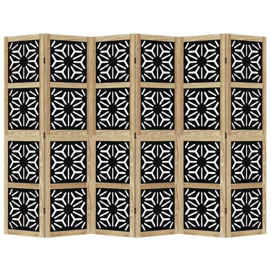 6 Panel Room Divider Brown Black Solid Paulownia Wood Frame Engineered Wood Privacy Screen Folding Partition for Bedroom Living Room Office