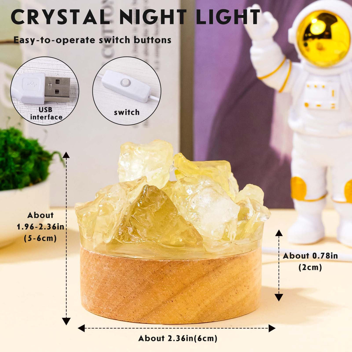 Runyangshi Citrine Money Night Light with Natural Raw Crystal - USB Powered Abundance Lamp for Office Desk, Wealth, Success, Healing Crystal Decor with Wood Base, Gift Idea