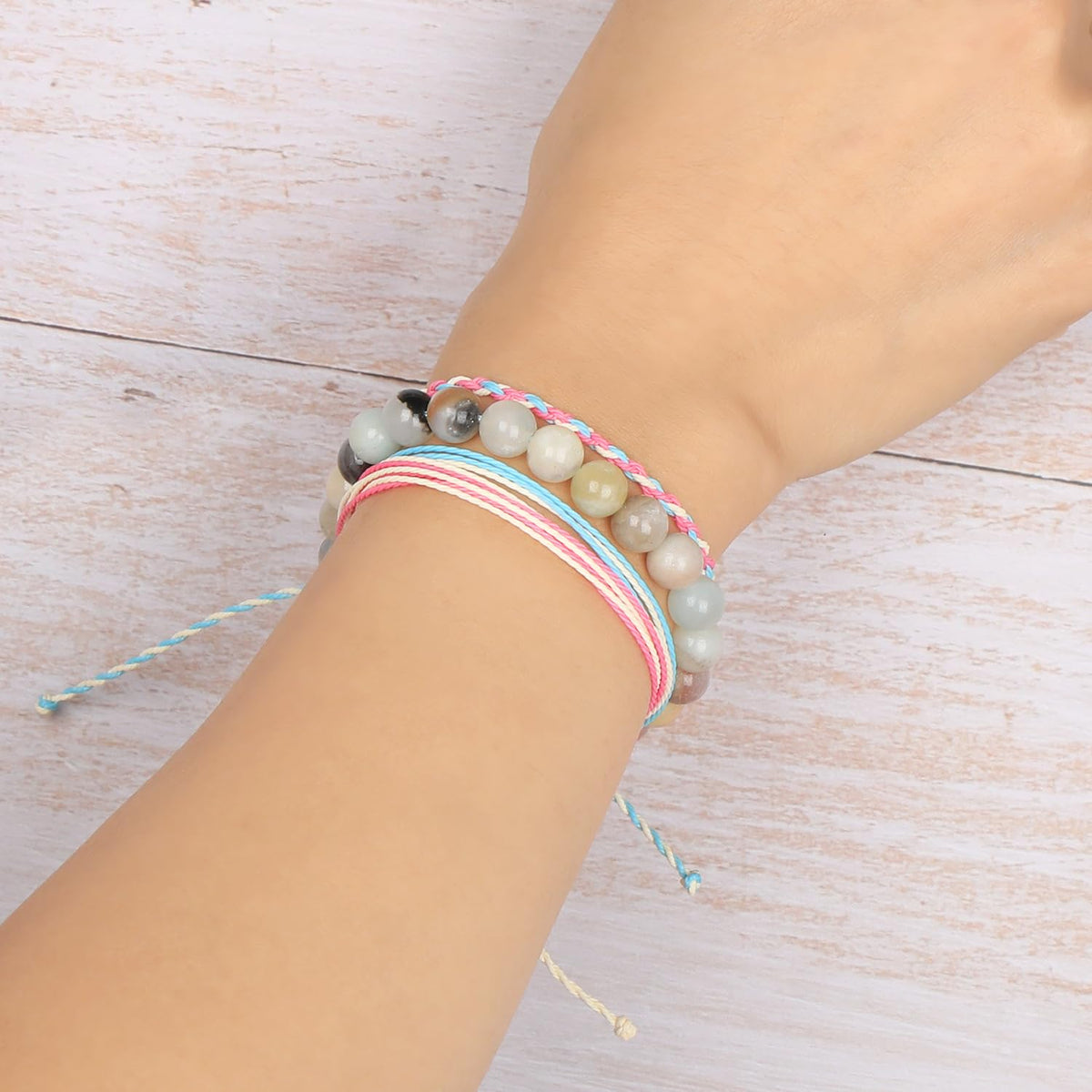 QOGIR Handmade Healing Stones Bracelet,8mm Natural Multi Color Amazonite Gemstone Beads Bracelet,for Men Women Gifts with 2PCS Size Adjustable Rope Bracelets