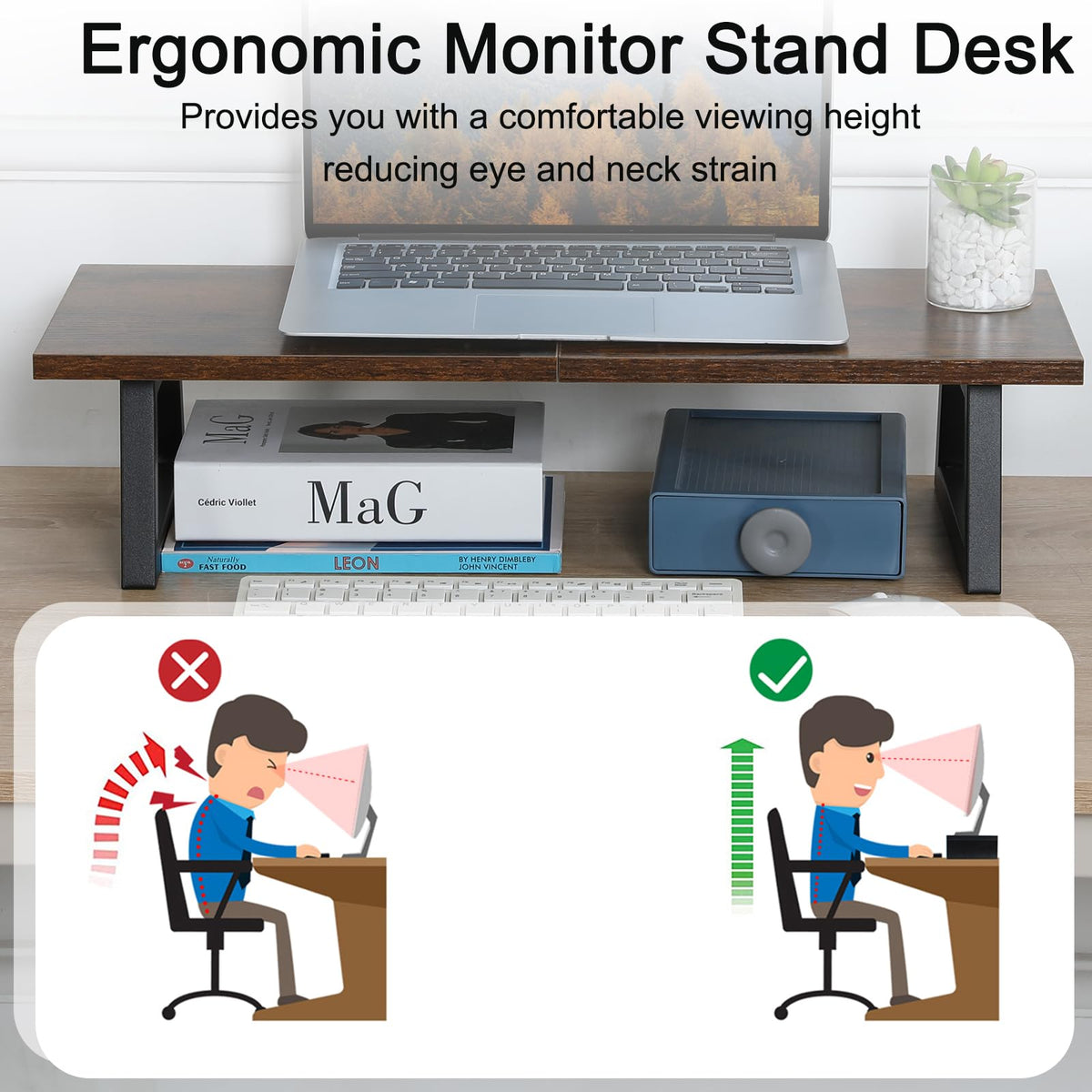 TEAMIX 24 inch Monitor Stand Riser, Rustic Brown Wood & Steel Computer Monitor Stand with Storage, Laptop, PC, Printer Stand Riser for Desktop Office Desk Organizers