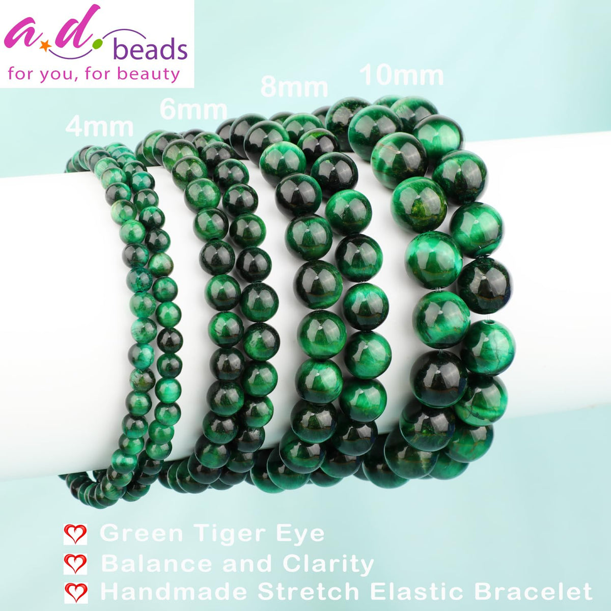 AD Beads 10mm Handmade Green Tiger Eye Elastic Bracelet – Natural Gemstone for Balance, and Clarity – Meditation, Yoga, Healing and Energy Gift for Men Women