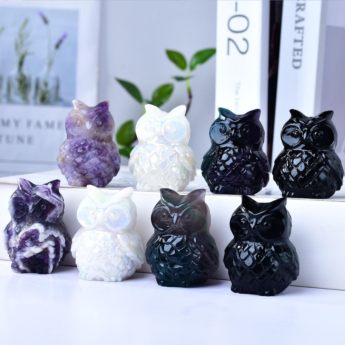 Ytbeoxk 1.9 Inch White Jade Owl Statue Owl Figurine Home Decor, Healing Crystal Cute Decor Figurines,Sculpture Hand-Carved Gemstones,Bedroom Office Spiritual Gift, Owl Gifts for Women Men